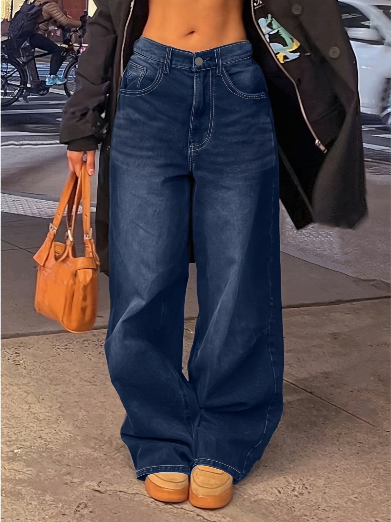 Jeans Femme Style Street Jambe Droite Couleur Unie Rétro Décontracté Longue Toute Saison Non Extensible