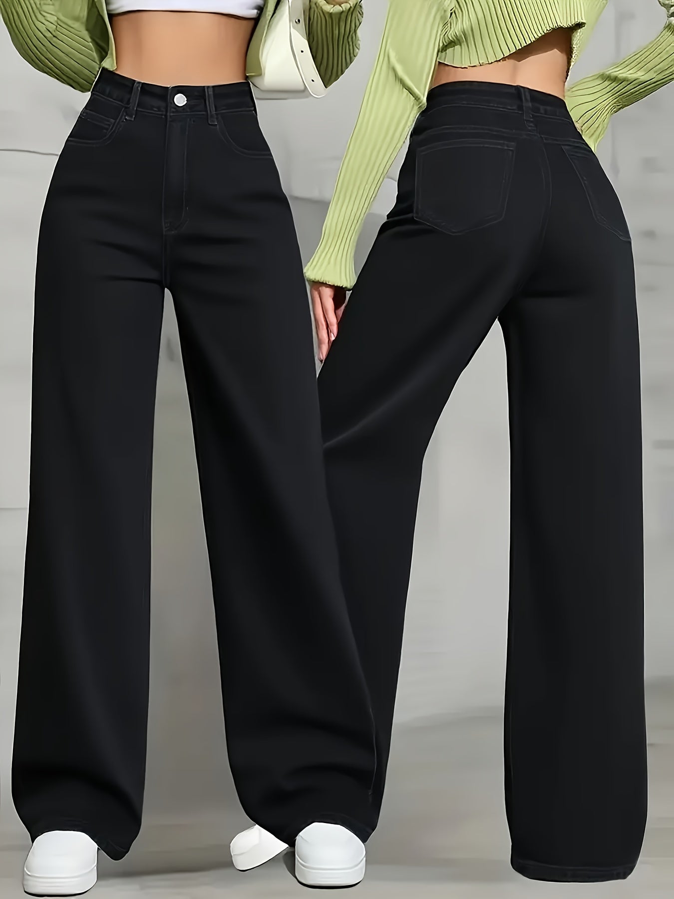 Jeans Femme Taille Haute Jambe Large Extensible Ceinture Élastique Poches Obliques Jambe Droite Noir Toute Saison