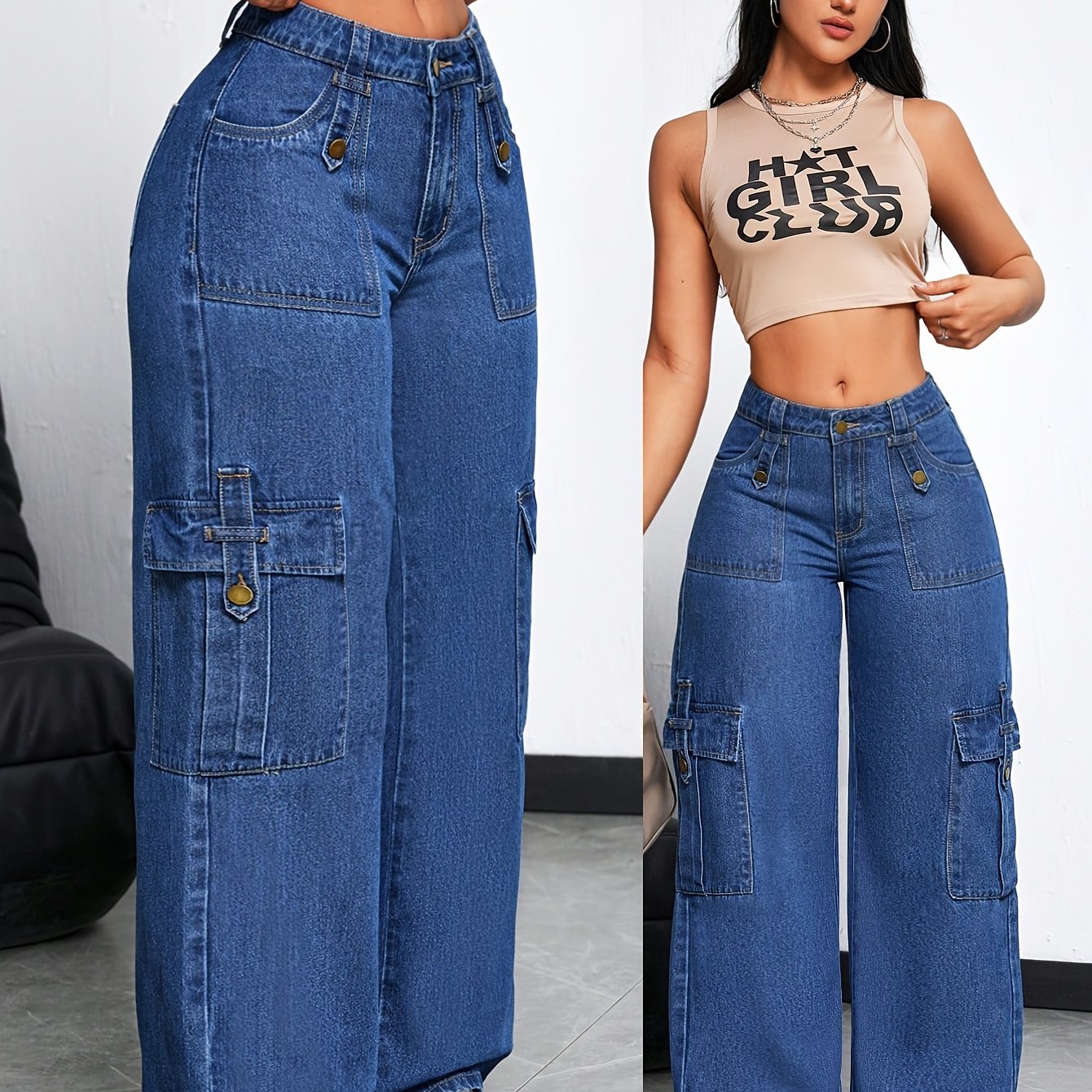 Jeans Femme Jambe Large Extensible Poches Multiples Non Transparent Toute Saison Confort Denim de Qualité