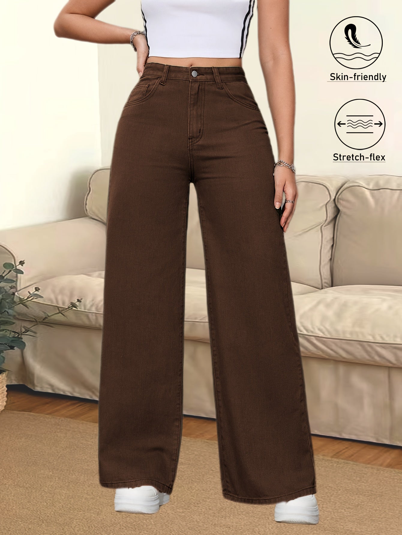 Jeans Femme Marron Café Jambe Large Poches Multiples Boutons Taille Mi-Haute Extensible Toute Saison Polyvalent Confortable Élégant