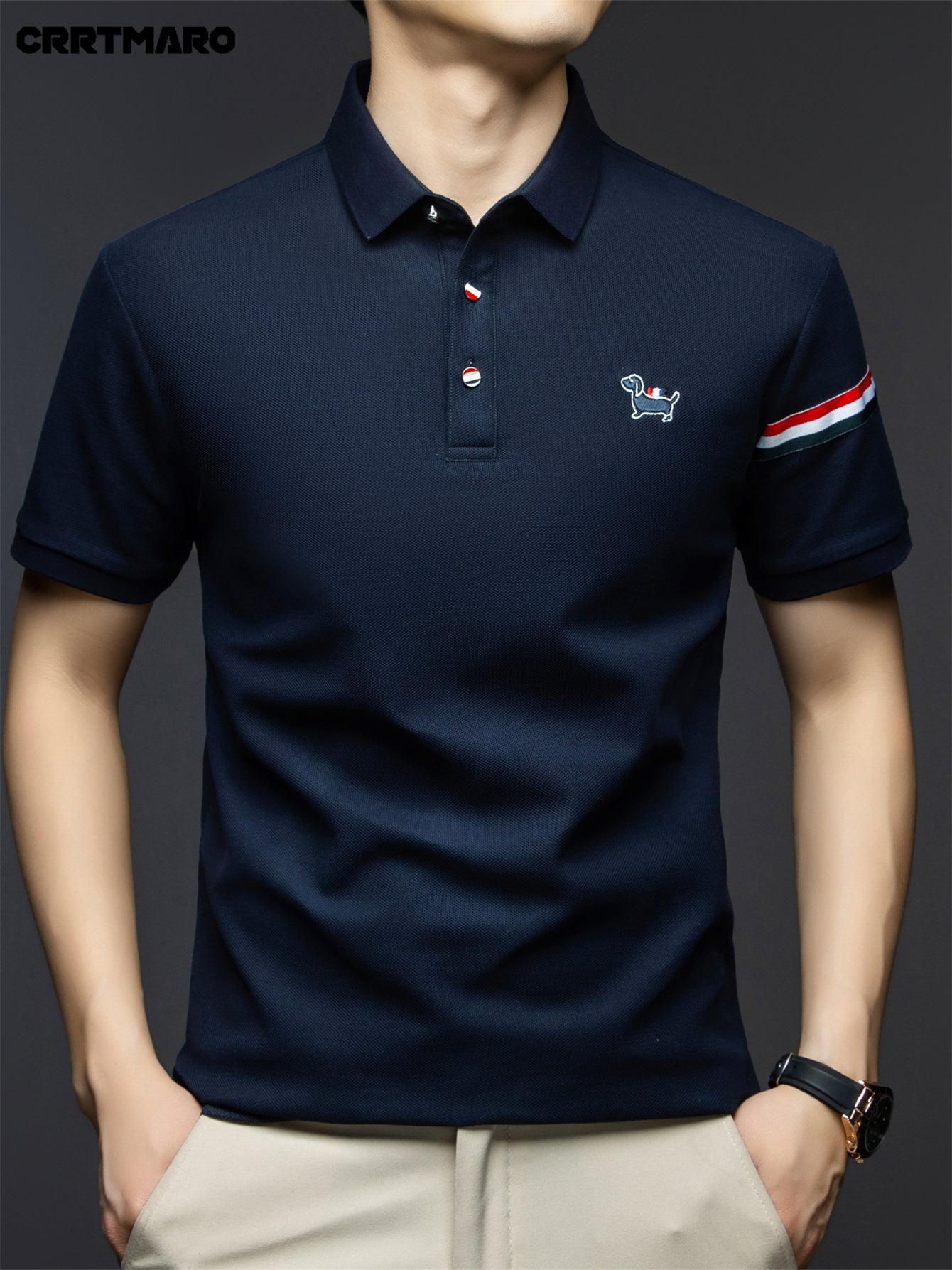 Men's Navy Blue Shirt - Classic Crew Neck Button-Front, Soft Everyday Shirt for Office, Golf, Casual Outings - CRRTMARO Brand Button-Up Shirt, Office Attire, Straight Sleeves, Durable Construction, Short Sleeve Top,