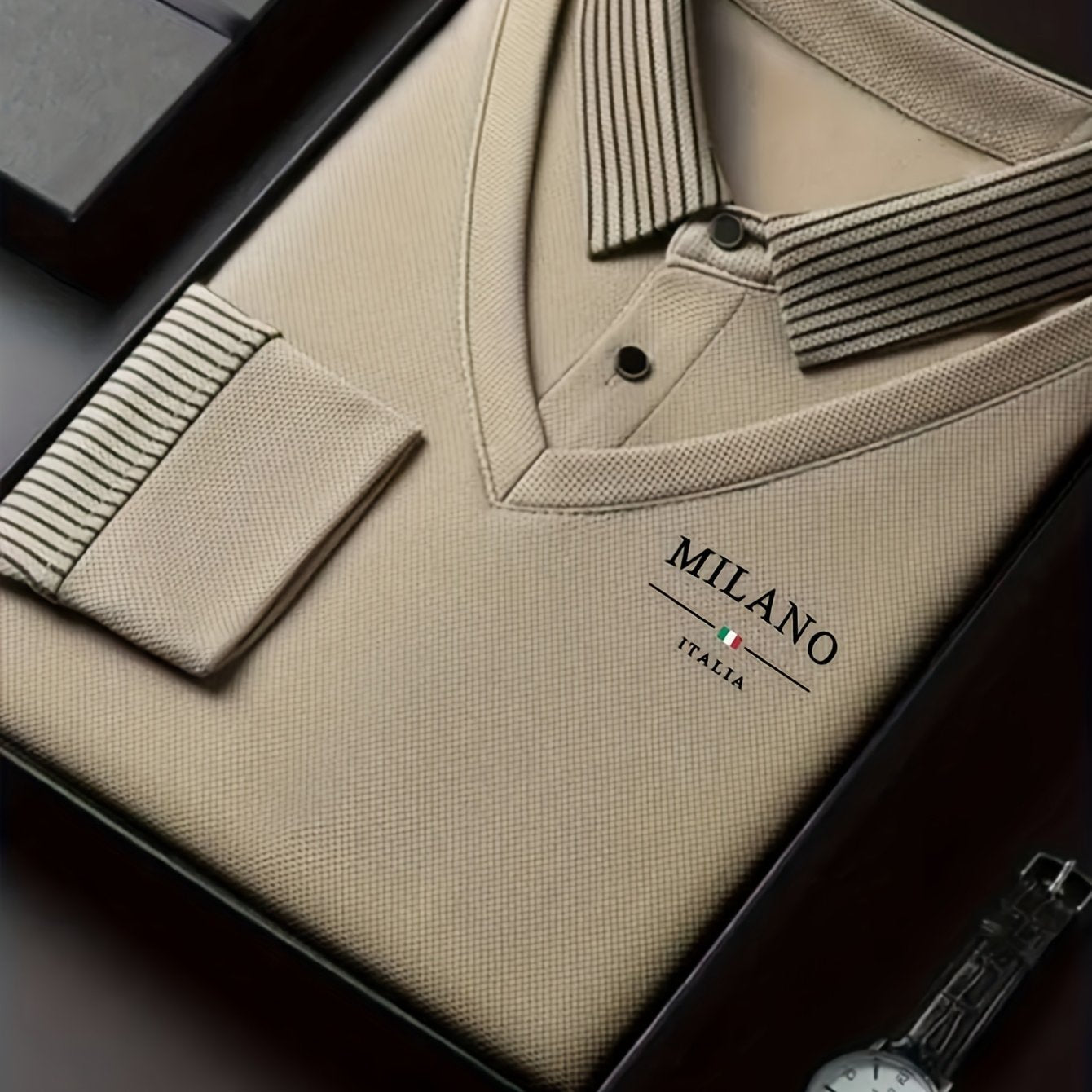 Men'S Faux Two-Piece Shirt Collar Knitwear, a Business Casual Striped Patchwork Top Featuring a Milano Letter Print Design, Available in Various Colors. It Has a Gray And Golden Contrasting Collar And Cuffs, a Simple Solid Co