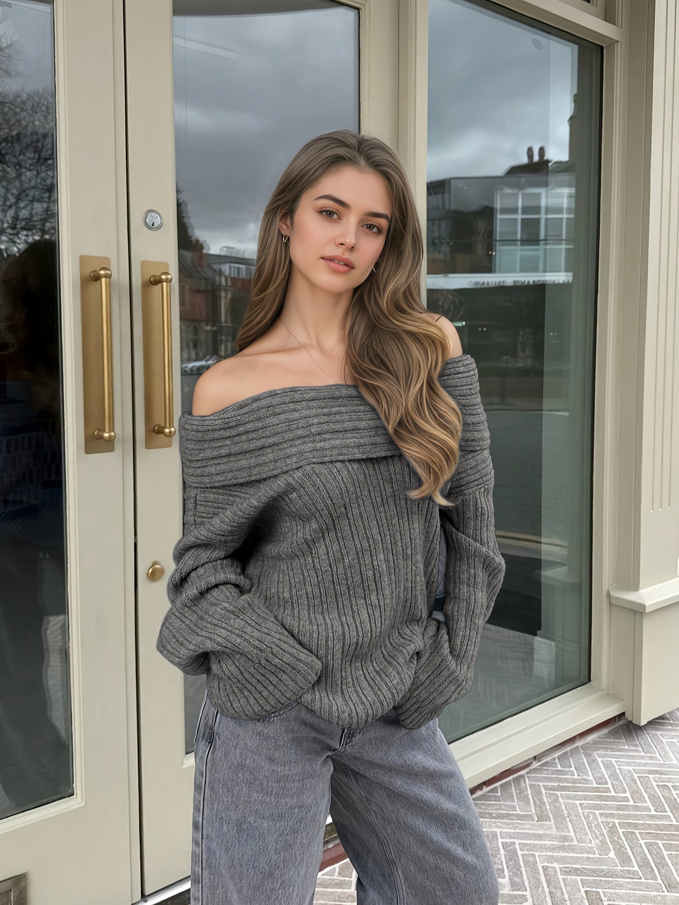 Pull élégant à épaules dénudées pour femme, manches longues, tons neutres