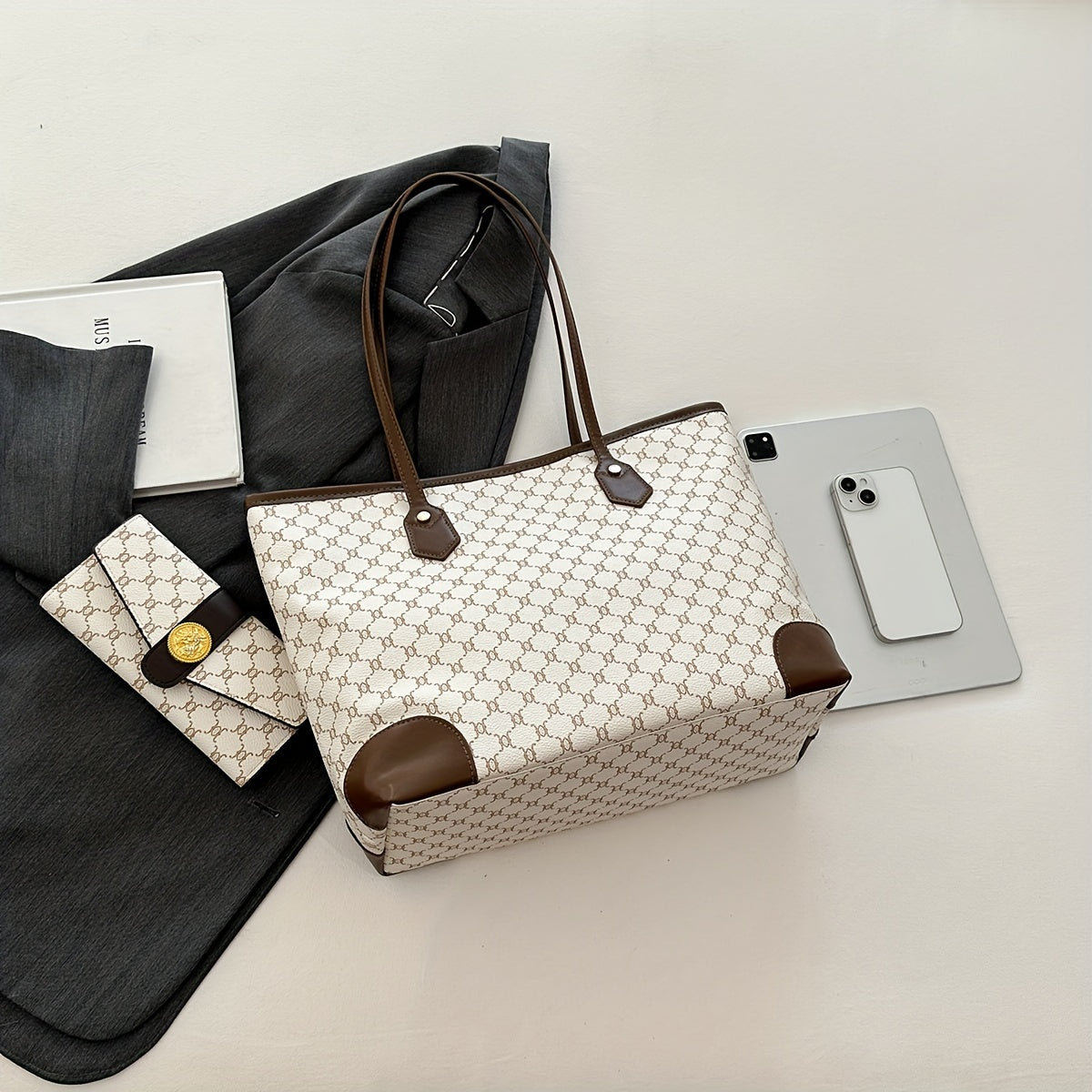 Set sac et portefeuille femmes grand format motif géométrique fermeture éclair blanc marron