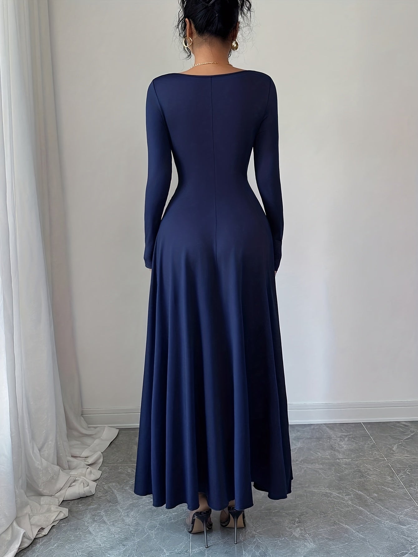 Women's Elegant Pile Neck Belted Wrinkle Dress - High-Elasticity Long Sleeve A-Line Maxi, Belted Waist Spring/Autumn Wedding Guest Party Attire, Machine Washable Solid Color Dress