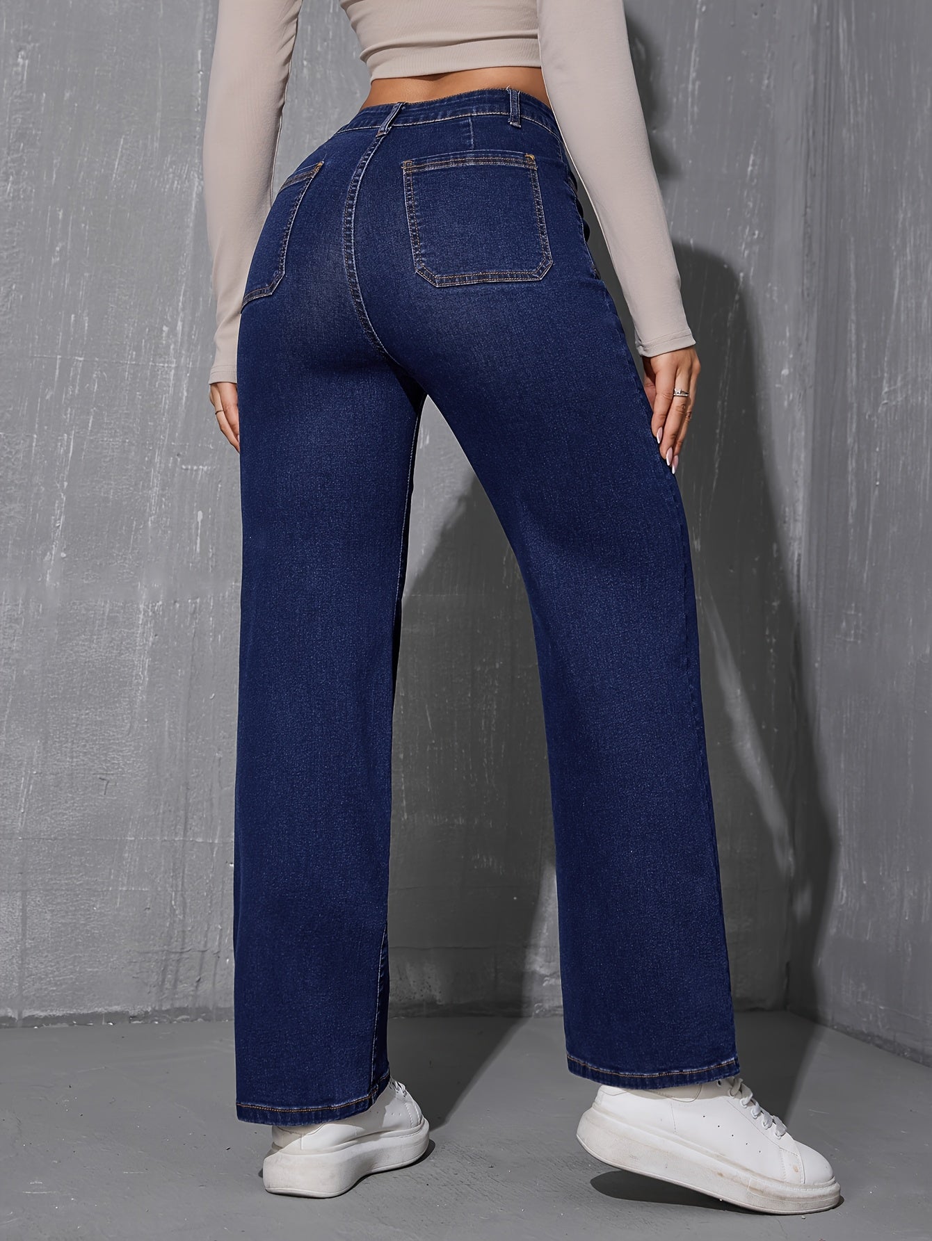 Jeans Femme Jambe Droite Décontracté Taille Élastique Poches Denim Extensible Couleur Unie Longue Printemps Automne Polyvalent