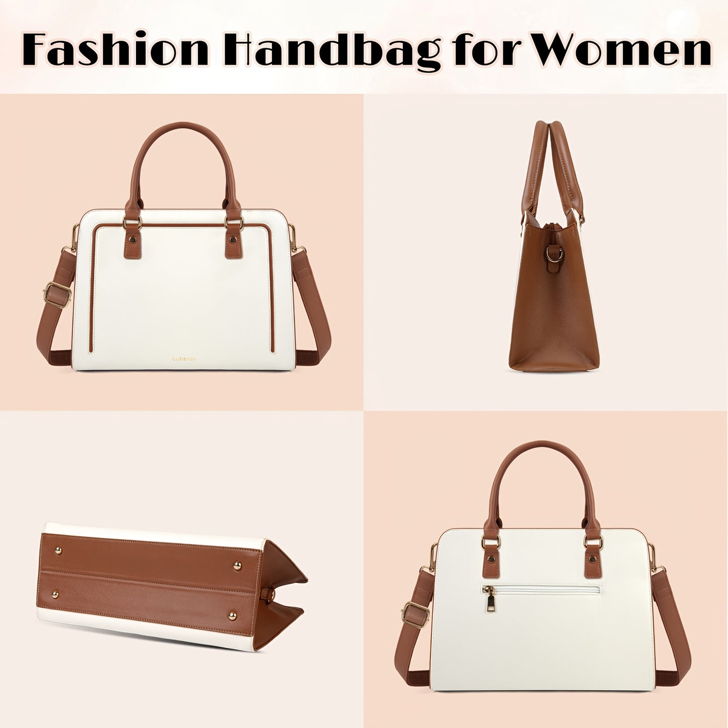 Sac fourre-tout élégant Lubardy pour femmes en simili cuir synthétique, bandoulière amovible et réglable, fermeture éclair et doublure polyester – Blanc/Noir/Marron, polyvalent pour travail, voyage, sorties et usage quotidien