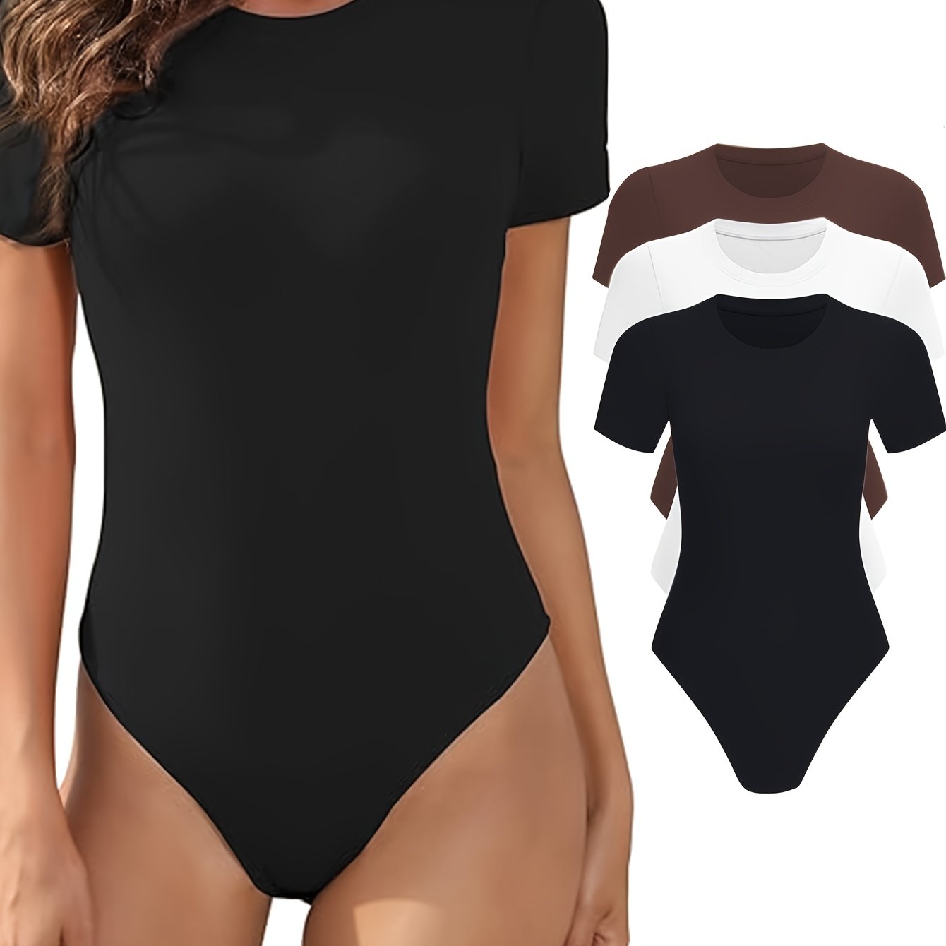 Lot de 3 bodys femme – manches courtes, col rond, coupe ajustée, basiques confortables