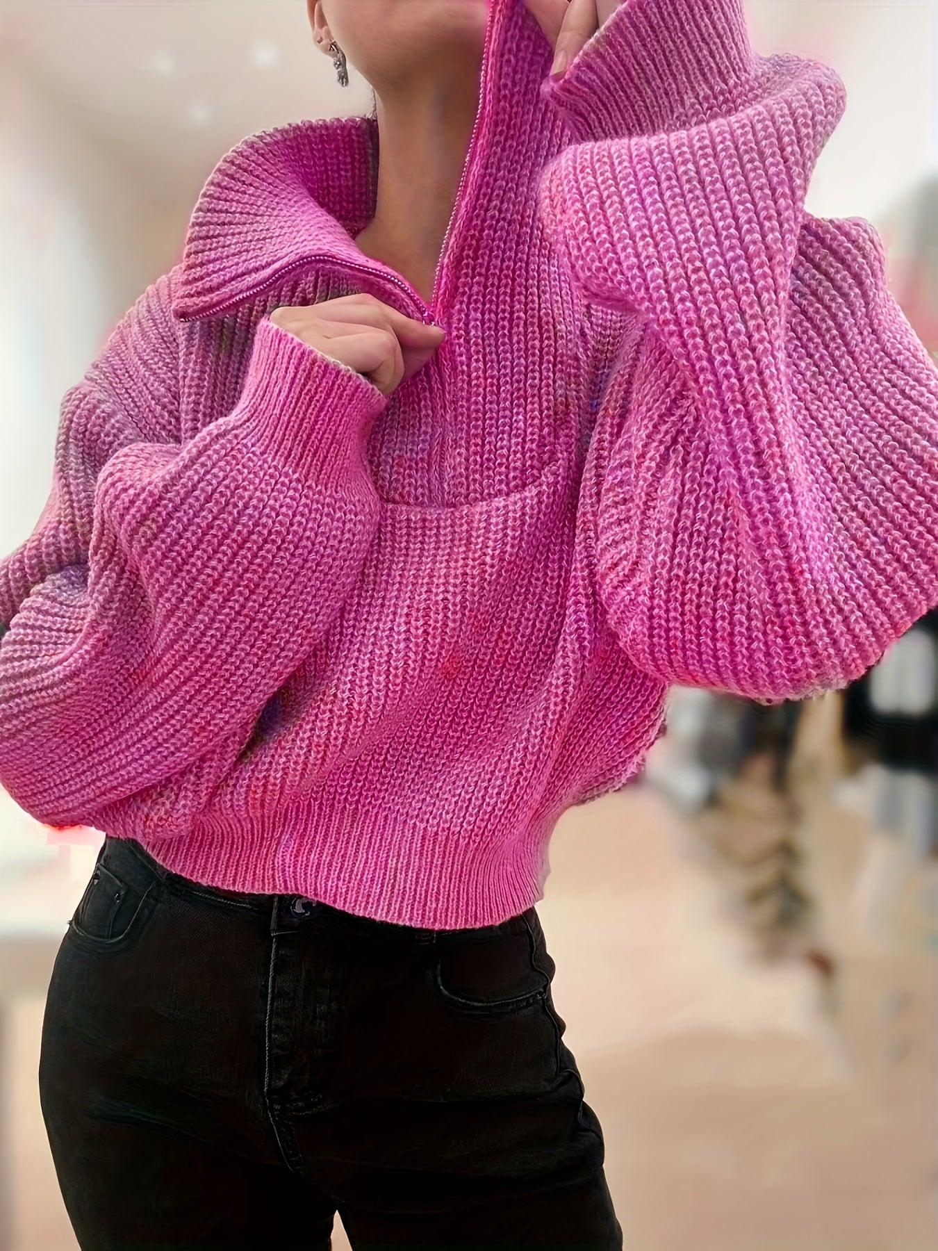 Pull court femme automne-hiver à demi-zip et manches lanterne – Pull côtelé élégant, coupe slim, tissu stretch mi-épais, lavable en machine, style décontracté chic, détail côtelé plié