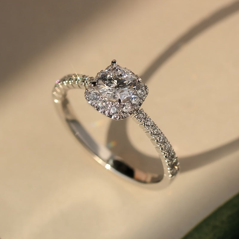Bague de fiançailles solitaire en cuivre – pierre ronde unique, style scintillant luxe, halo en zirconia synthétique, bague promise pour femme, mariage ou soirée, pierre de naissance d’avril