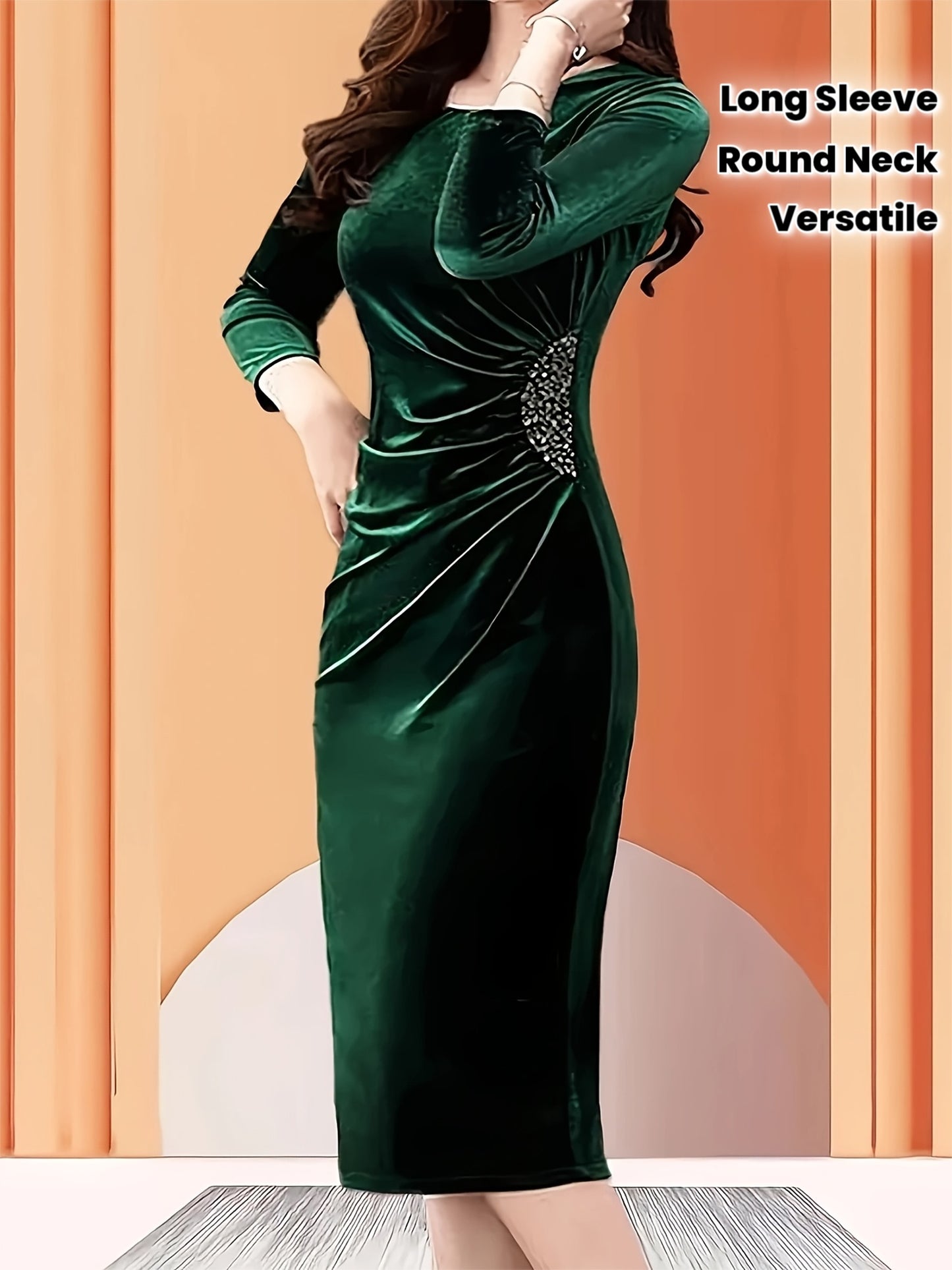 Emerald Green Velvet A-Line Midi Dress - Elegant Round Neck Long Sleeve Machine Washable Women's Formal Party & Evening Dress, All-Season Versatile Solid Color, Emerald Dress