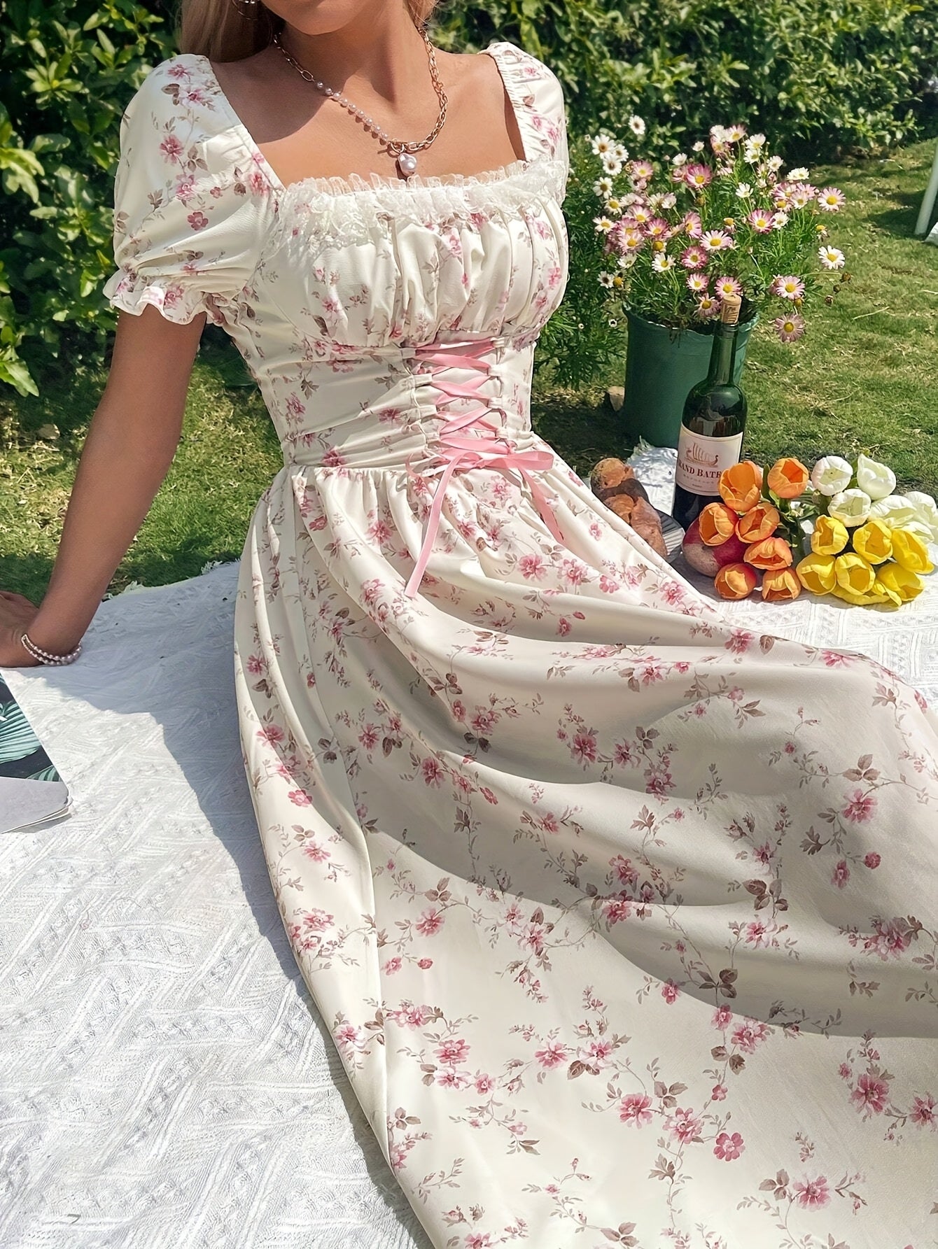 Robe longue fleurie femme – Col carré, manches bouffantes et dentelle, élégante et chic