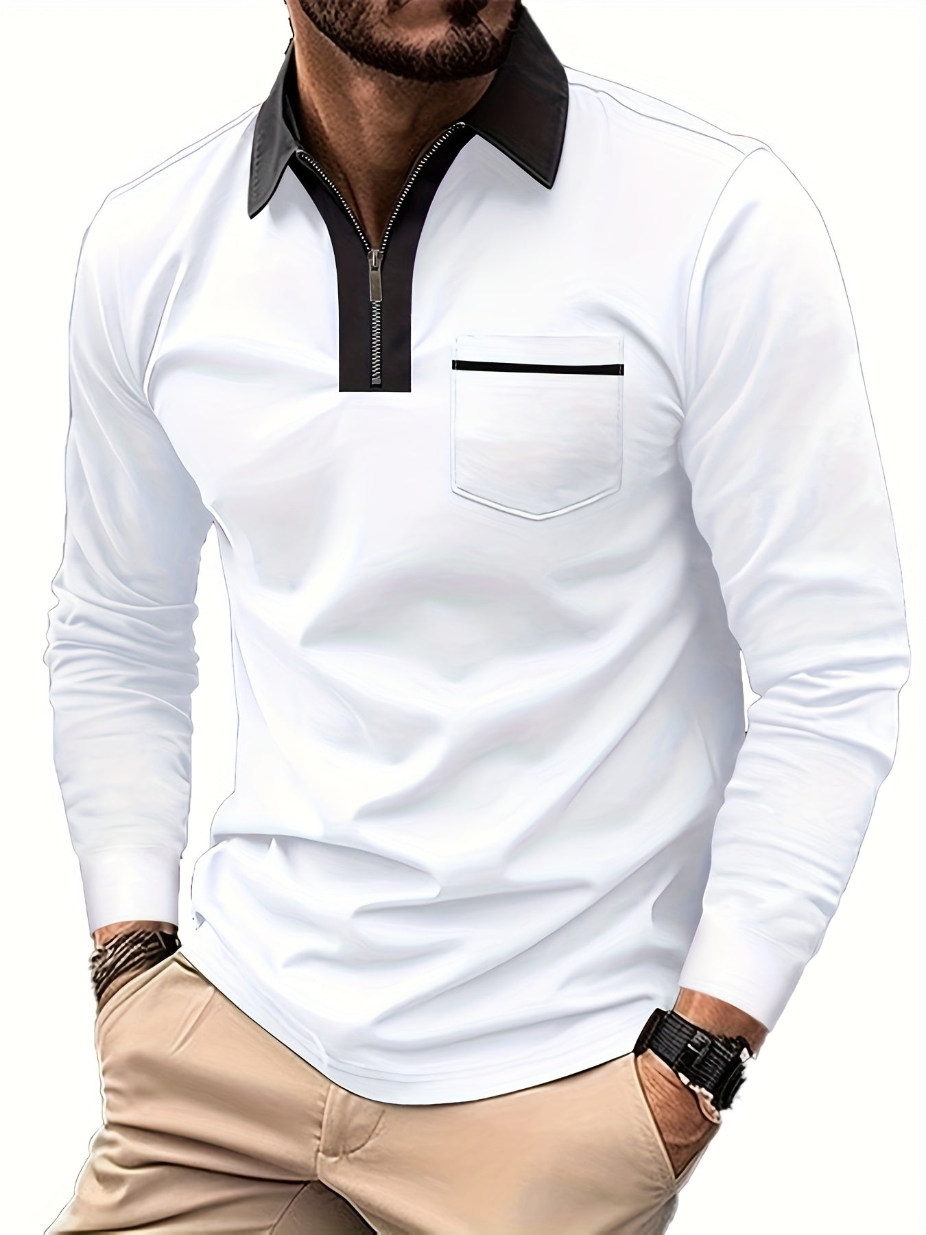 Men'S Light Blue Long Sleeve Polo Shirt with Zipper Collar & Chest Pocket - Casual Button-Up Shirt for Spring/Fall, Regular Fit, Solid Color, Spring Fall Apparel | Zipper Collar Shirt | Slight Stretch Fabric