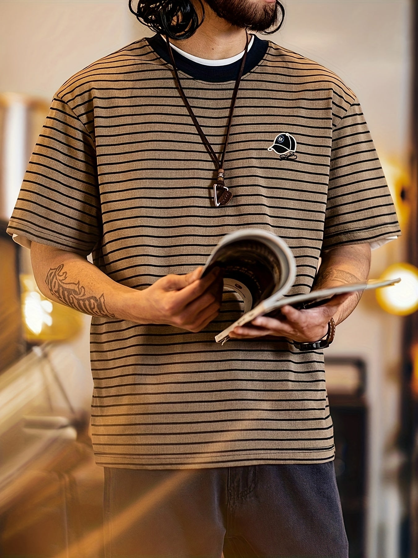 Men&Apos;S Casual Streetwear T-Shirt - Brown & White Striped, Crew Neck, Short Sleeve, Embroidered Logo, Loose Fit, Blend, Casual Summer Top|Striped Tee|Embroidered Detail