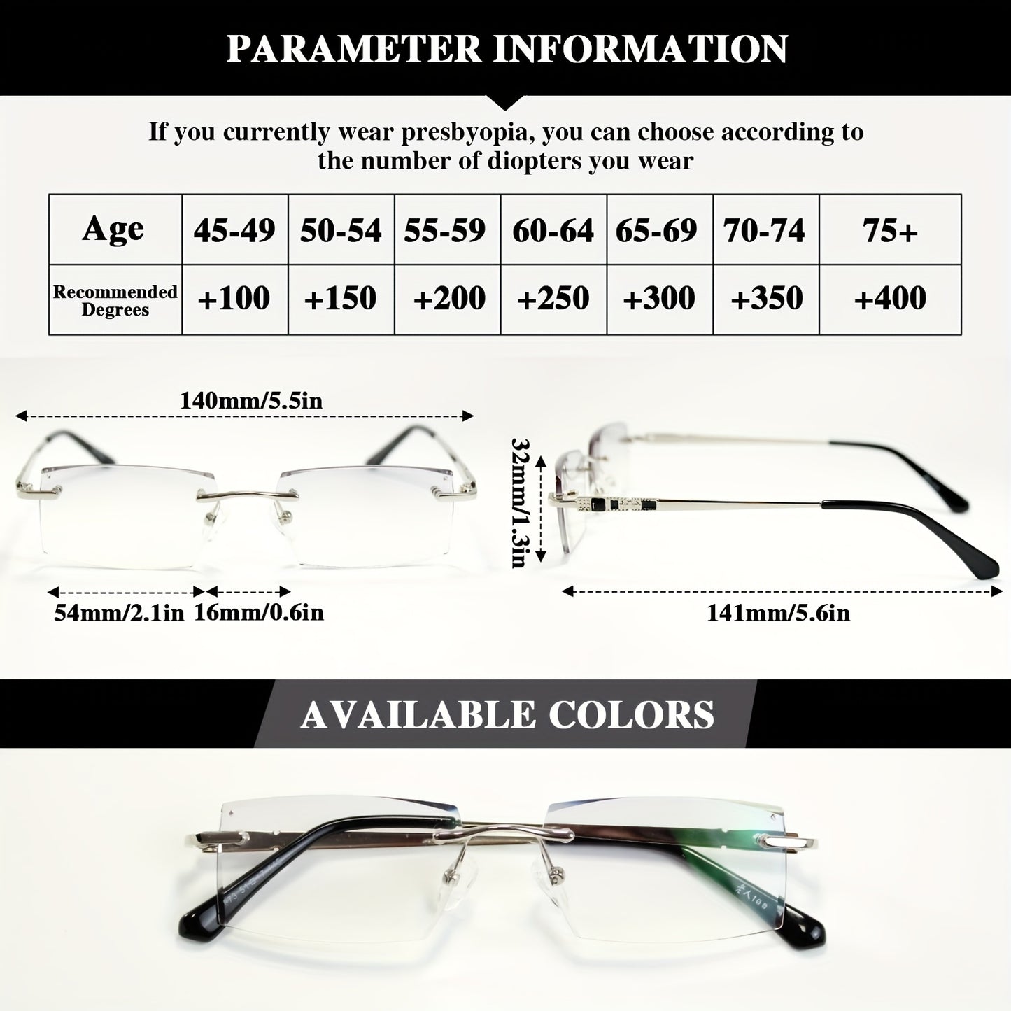 Premium Rimless Reading Glasses, High Definition Lenses - Men's fashionable presbyopia glasses with unique decorative temples, including glasses case and lens cloth, comfortable to wear, gift choice, also suitable f
