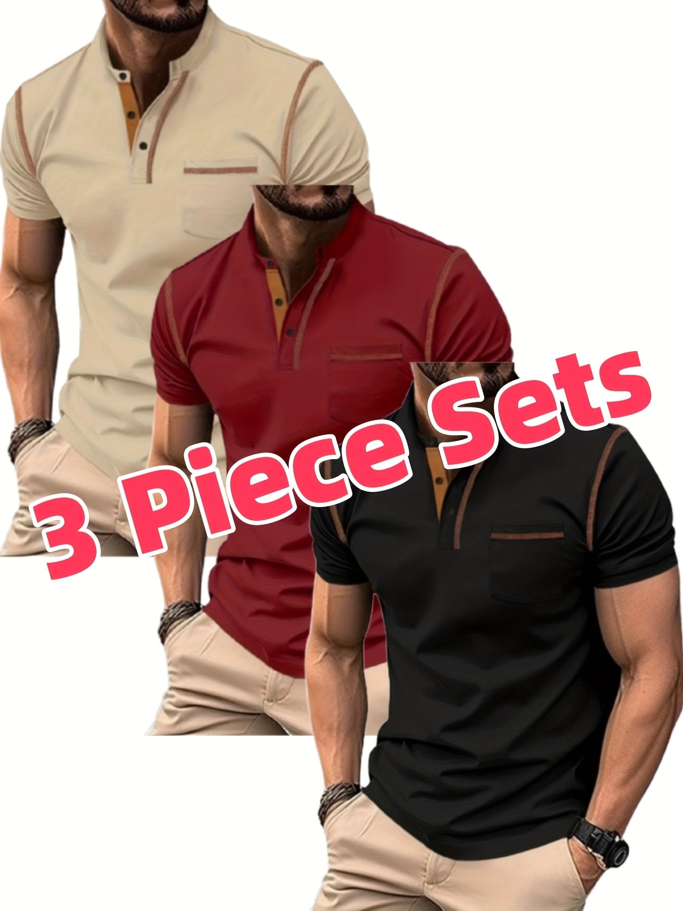 Lot de 3 Henley Manches Courtes – Tops Casual Golf & Tennis