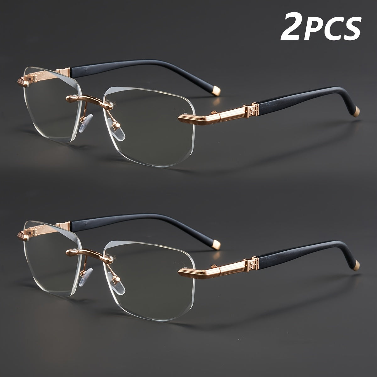 Two Pairs, Bundled Set, Stylish, Men'S, Exquisite, Luxurious, Rimless, Beveled Edge, Reading Glasses, Metal Frame, Options: 100, 150, 200, 250, 300, 350, And 400 Degrees, Without Battery, Christmas Gifts
