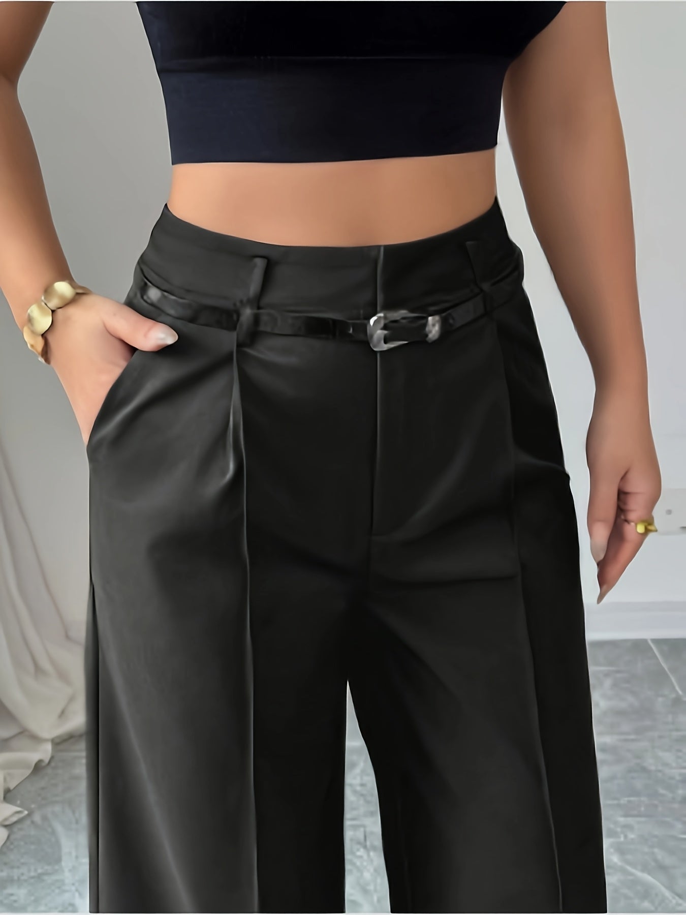 Pantalon Femme Noir Chic – Jambe Droite Taille Haute avec Ceinture Vintage, Bureau et Décontracté, Printemps/Été/Automne