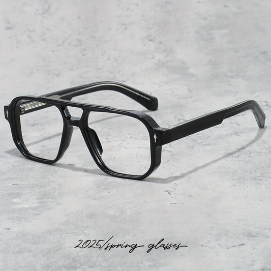 Vintage-Inspired Double Beam Pilot Glasses for Men - Stylish Blue & Black Rectangular Frames with PC Lenses, Lightweight TR90 Material, Includes Protective Case - Perfect for Casual Wear