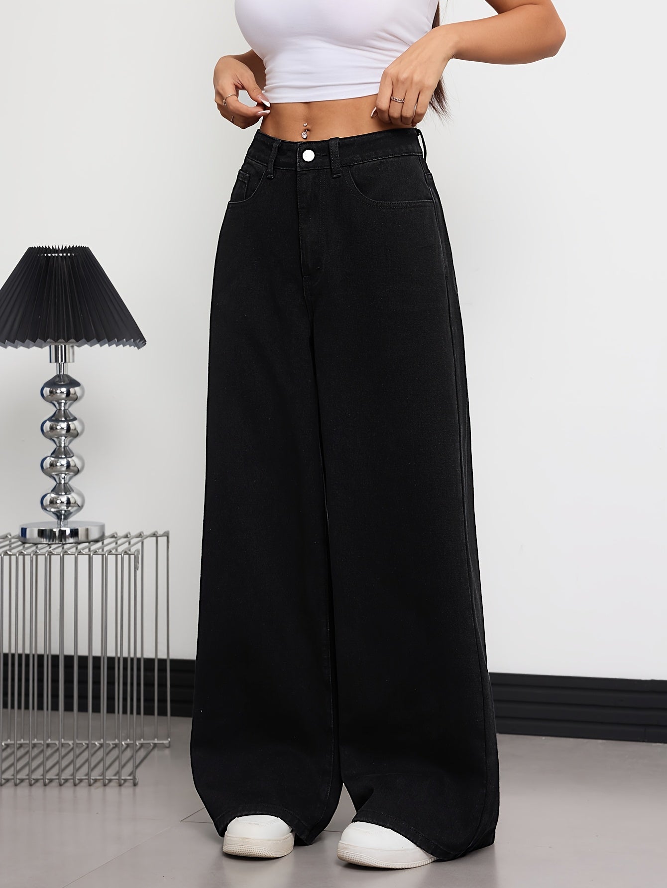 Jeans Femme Taille Haute – Jambe Droite, Noir, Décontracté avec Poches, Tous Saisons