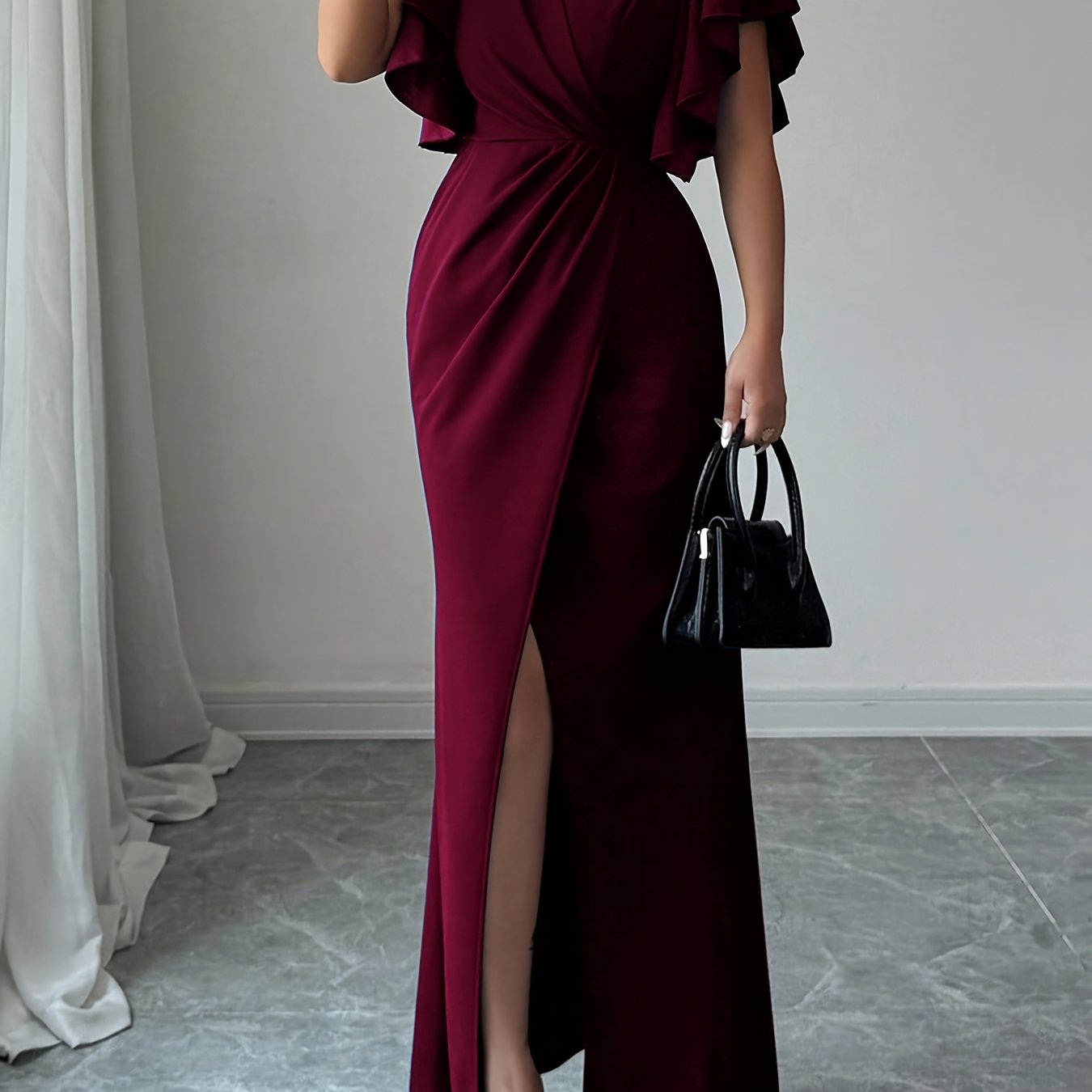 Elegant Solid Color Women'S Dress with a Fitted Waist And Split Hem in Royal Blue, Long Autumn Dress for Women WJ493