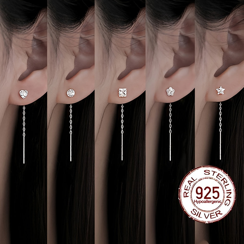 0,6 g S925 argent pur hypoallergénique brillant zircon synthétique combiné avec zircon cubique pendentif longue chaîne fil élégant minimaliste boucle d'oreille piercing