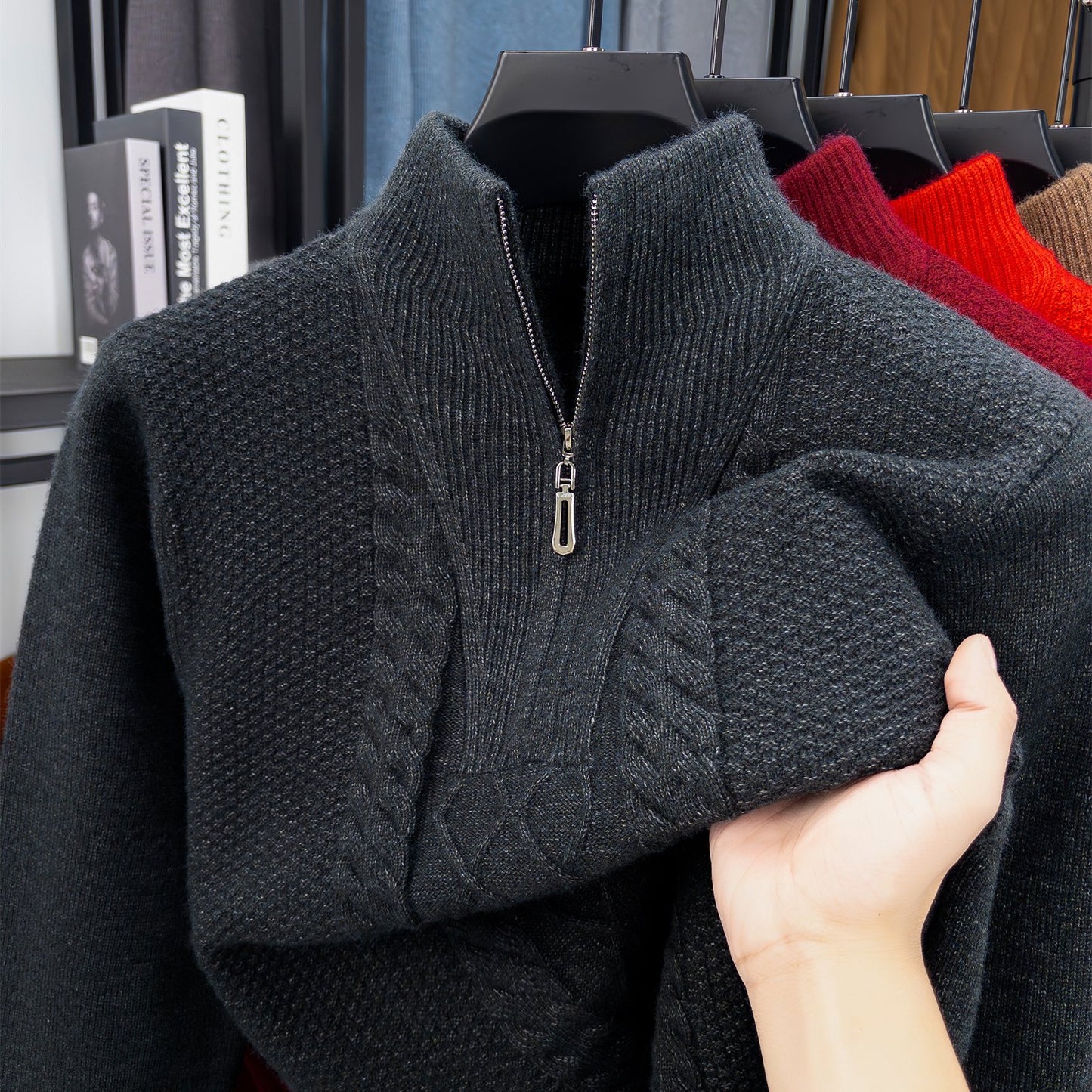 Men'S Thickened Warm Half-Zip Knitted Sweater | Casual Solid Color Stand Collar Sweater for Fall/Winter