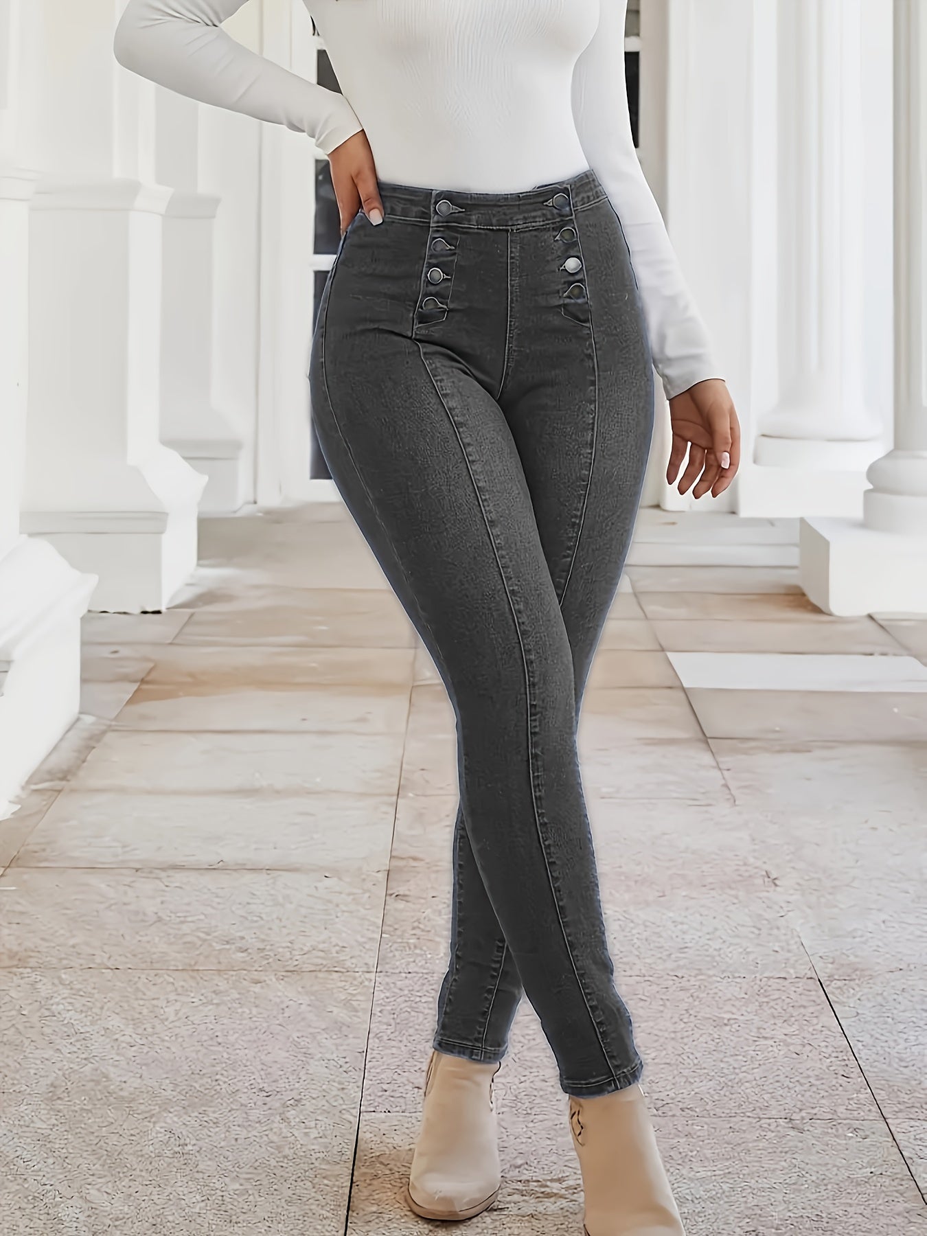 Jean skinny à boutons et plis piqués, pantalon en denim stretch moyen croisé style vintage, jean et vêtements en denim pour femme, idéal pour l'automne