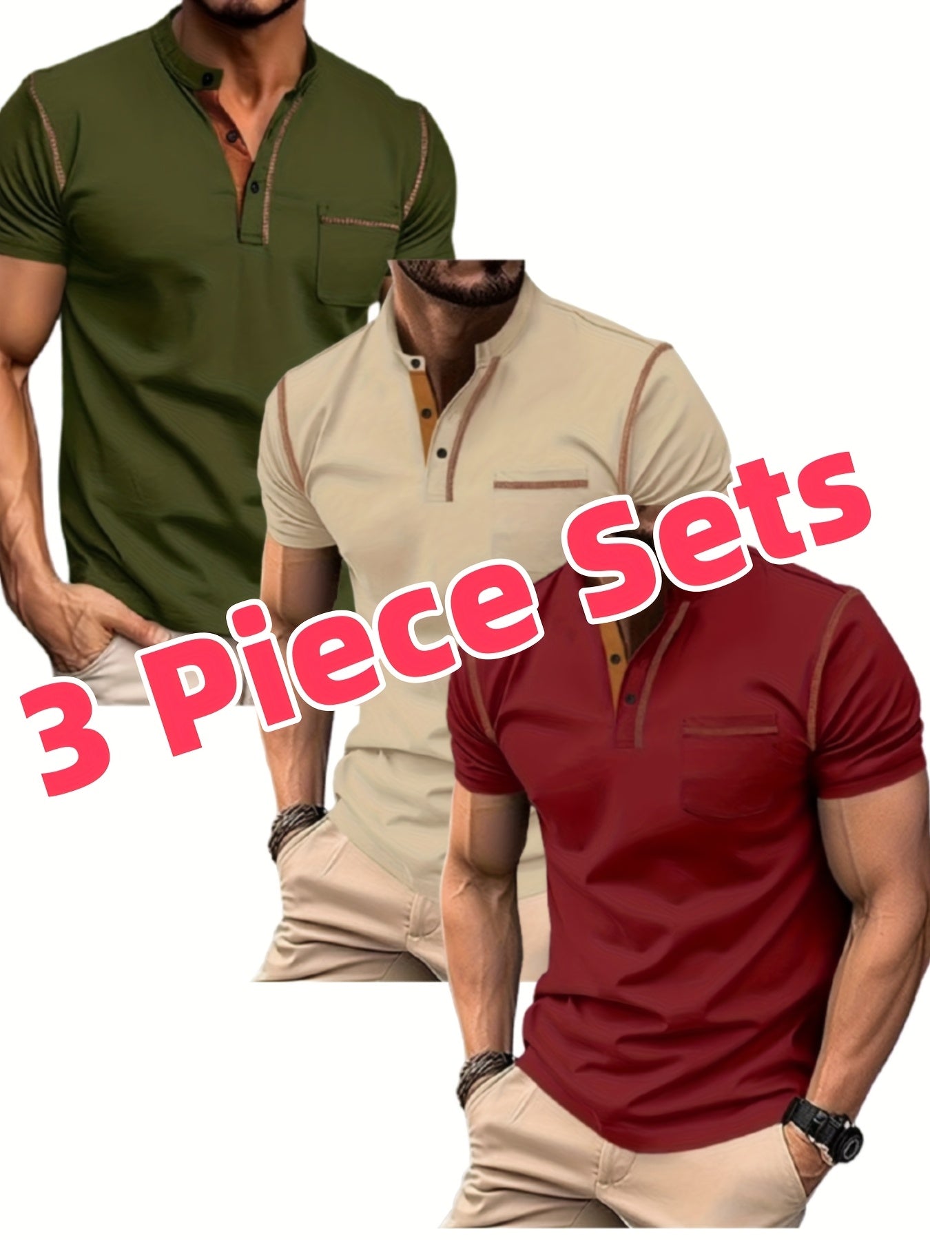 Lot de 3 Henley Manches Courtes – Tops Casual Golf & Tennis
