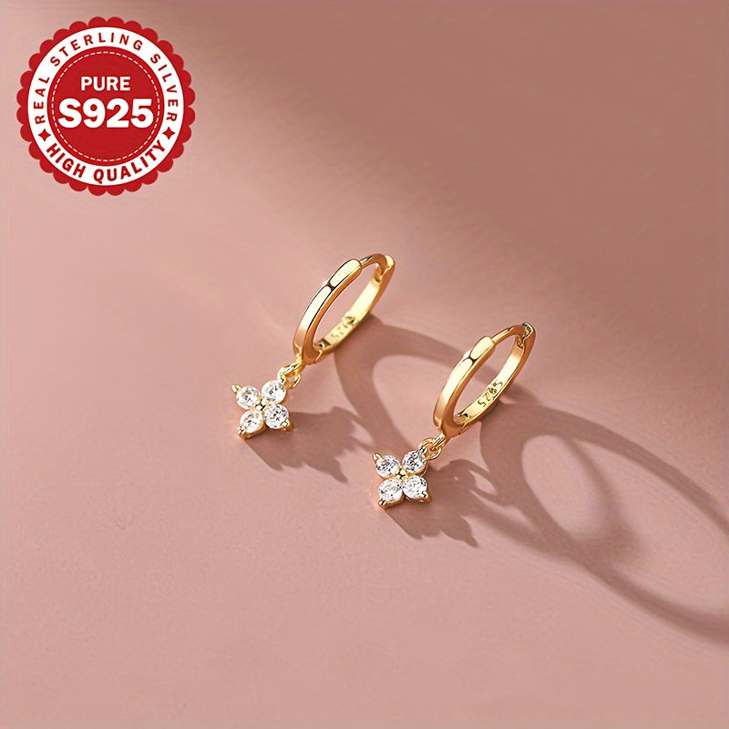 1 Paire de Boucles d'Oreilles Pendentif Trèfle à Quatre Feuilles, Argent 925, Zirconium Cubique Synthétique, Style Classique et Élégant, Bijoux Hypoallergéniques pour Femme