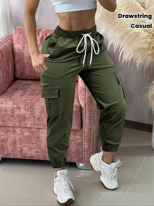 Pantalon Cargo Femme Décontracté – Beige, Taille à Cordon, Multiples Poches, Ourlet Effiloché, Tous Saisons