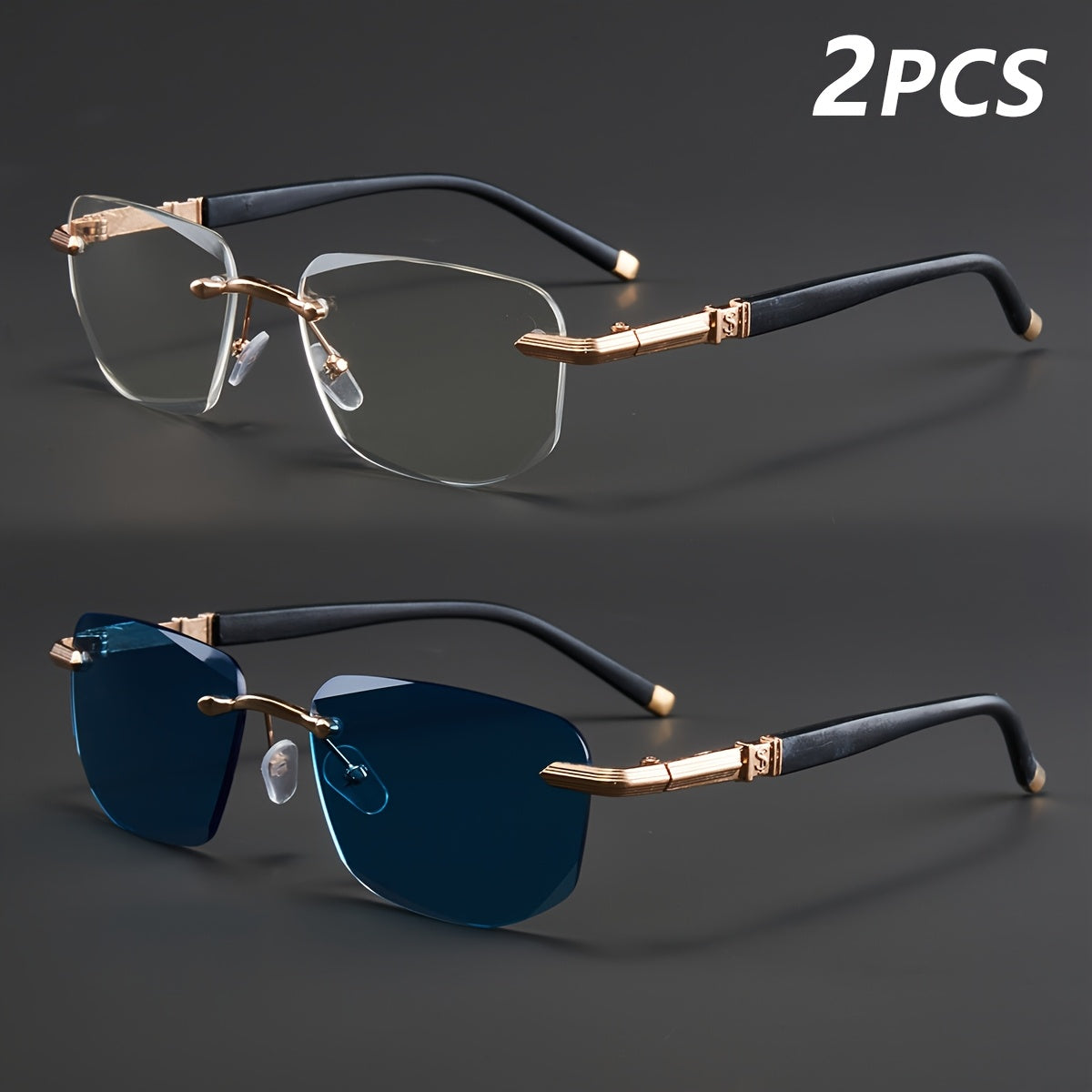 Two Pairs, Bundled Set, Stylish, Men'S, Exquisite, Luxurious, Rimless, Beveled Edge, Reading Glasses, Metal Frame, Options: 100, 150, 200, 250, 300, 350, And 400 Degrees, Without Battery, Christmas Gifts