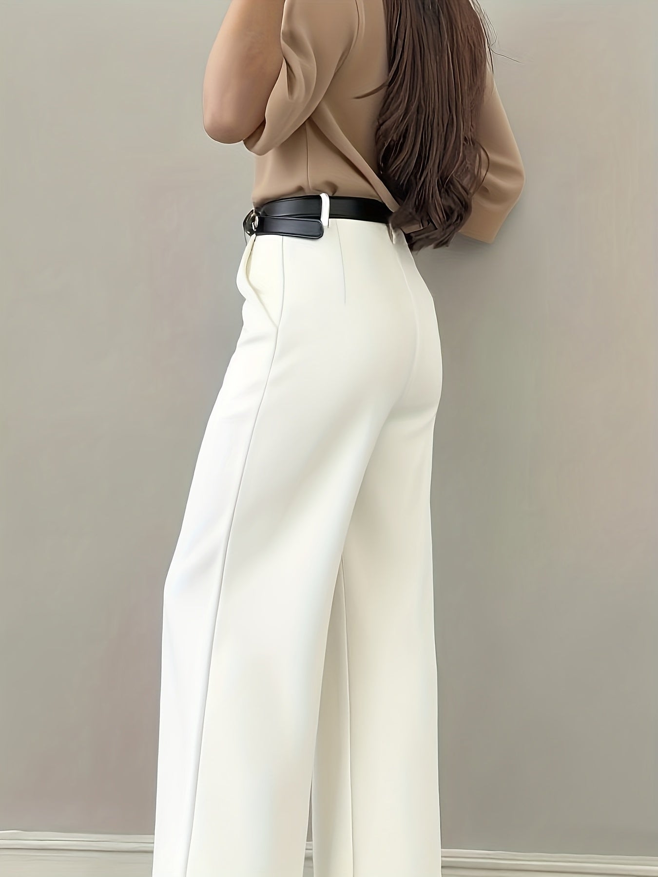 Pantalon Femme Élégant Jambe Large Effilée – Couleur Unie Marron/Noir, Poches, Bureau, Semi-Formel et Soirée, Printemps/Été/Automne