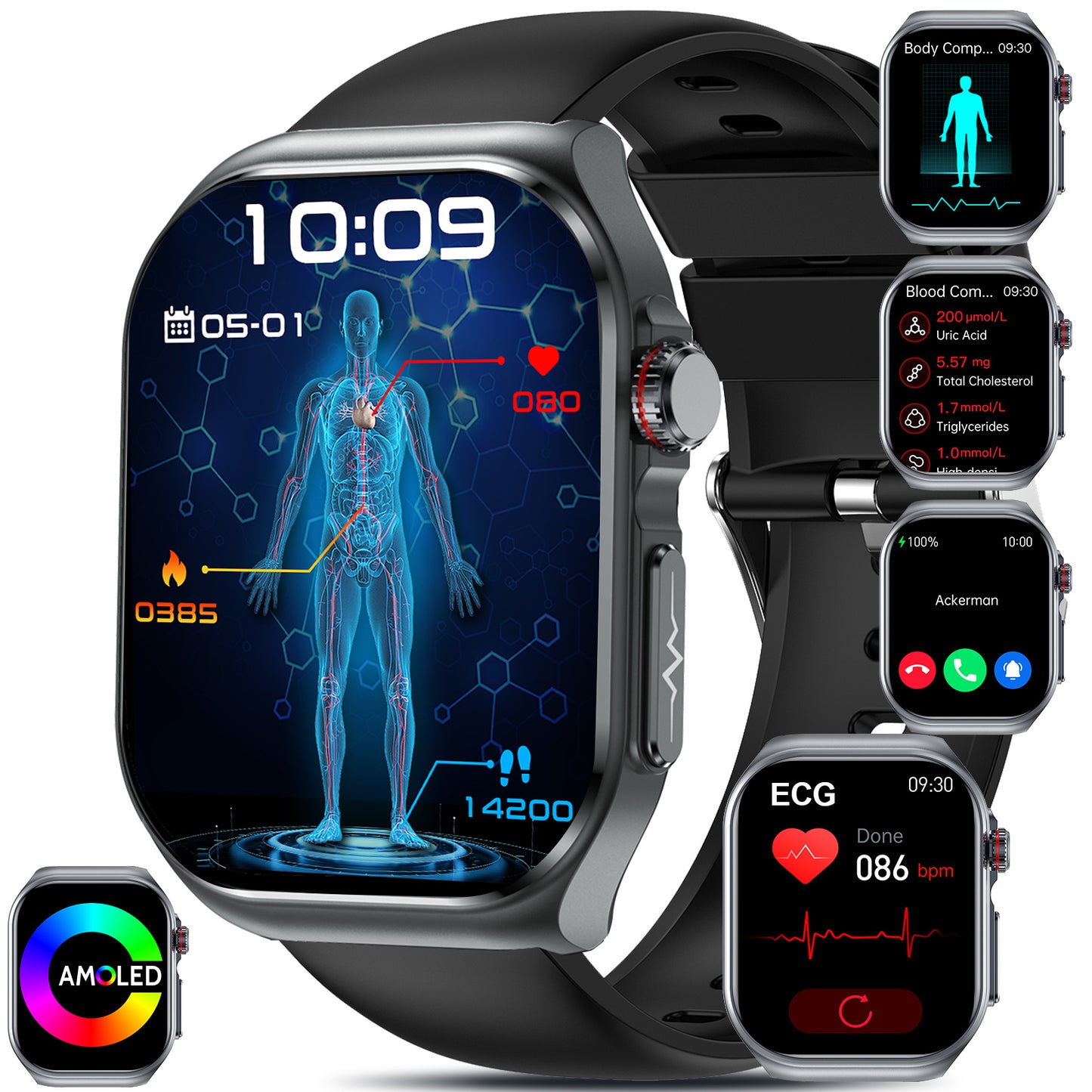 Nouvelle montre connectée 2025 : grand écran AMOLED de 5,18 cm, batterie longue durée 530 mAh, appels Bluetooth 5.3, modes multisports, assistant vocal, SOS, suivi menstruel, prévisions météo, montre de suivi fitness compatible Android et iOS