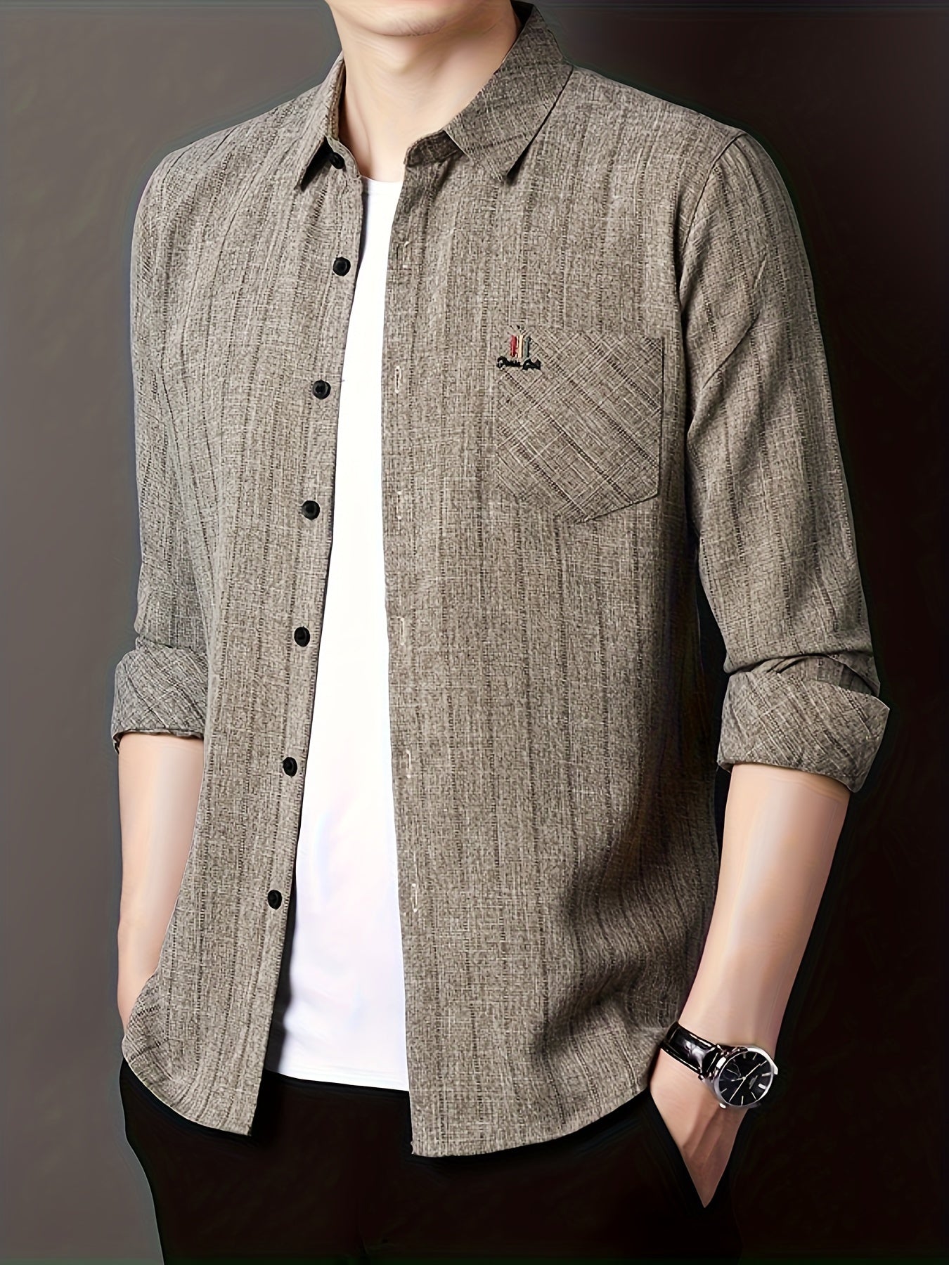 Men'S Striped Shirt with a Chest Pocket, Casual Long-Sleeve Shirt with a Collar.