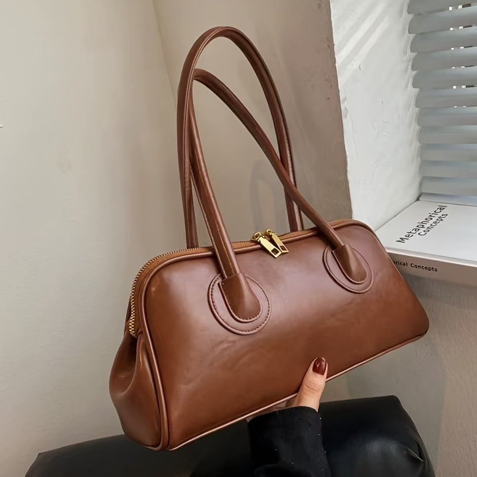 Sac épaule vintage pour femmes – style baguette français chic automne/hiver 2025, doublure polyester, fermeture zippée, marron foncé élégant avec ferrures dorées, polyvalent et sécurisé pour voyages