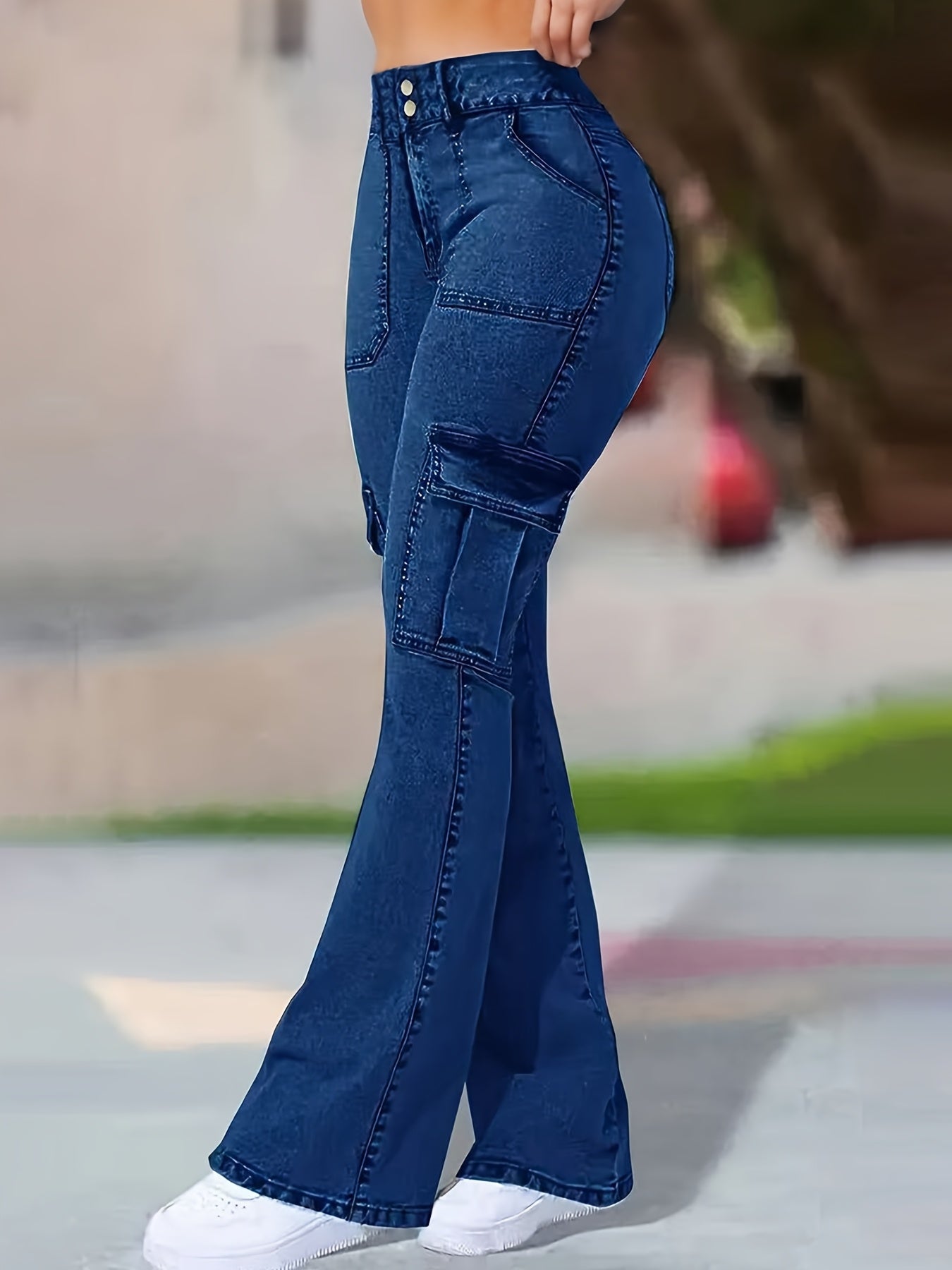 Jeans Femme Extensible Cargo Évasé Bleu Foncé Effet Usé Bootcut Poches Multiples Taille Haute Contrôle Ventre Style Street Slim Décontracté