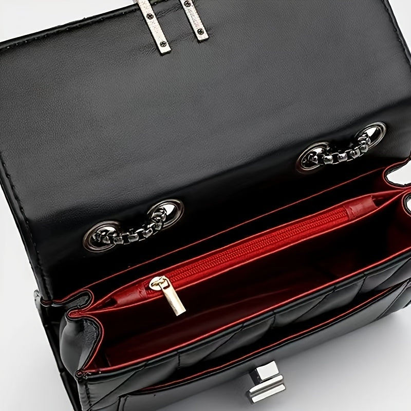 Sac à bandoulière noir élégant en similicuir avec chaîne – style chic, motif à carreaux, fermeture à tourniquet, doublure synthétique, idéal pour les occasions décontractées et formelles.