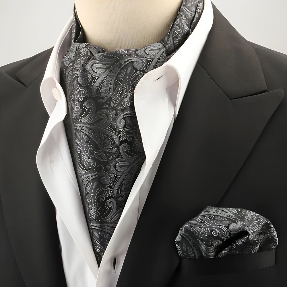 2pcs Ascot Homme – Écharpe et Pochette Style Rétro Britannique pour Mariages et Événements, Motifs Pois/Paisley/Fleur