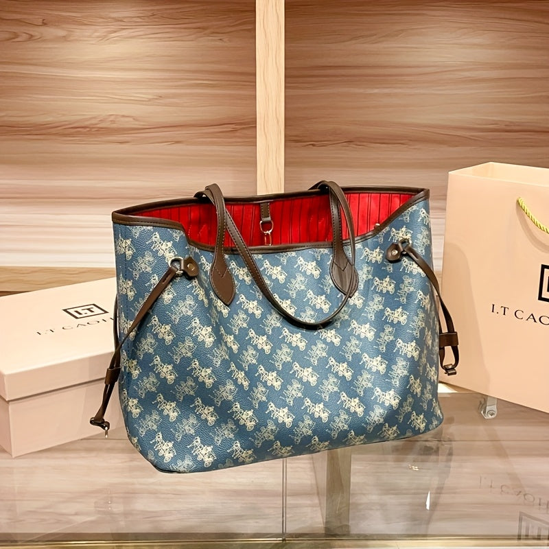 Sac cabas élégant à motif floral avec intérieur rouge, grande capacité, finitions dorées et bandoulière détachable – idéal pour les voyages et les trajets quotidiens.