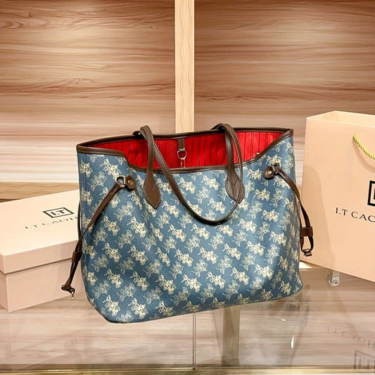 Sac cabas élégant à motif floral avec intérieur rouge, grande capacité, finitions dorées et bandoulière détachable – idéal pour les voyages et les trajets quotidiens.