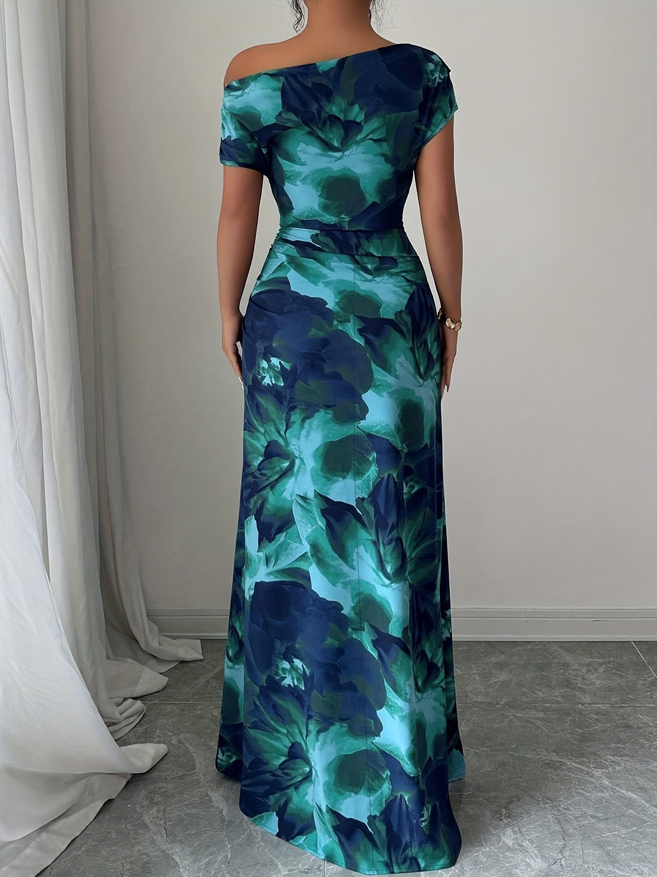 Spring/Summer Women's Dress, Elegant Off-Shoulder Waist-Cinching Business Cocktail Dress, Blue-Green Ink Wash Print Long Dress for Women WJ496