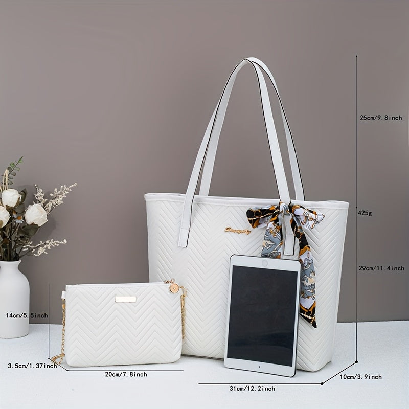 Ensemble deux pièces élégant – sac fourre-tout embossé motif vague avec compartiment tablette, sac bandoulière pour trajets quotidiens, léger, fermeture zippée, simili cuir noir/blanc, plat et portable
