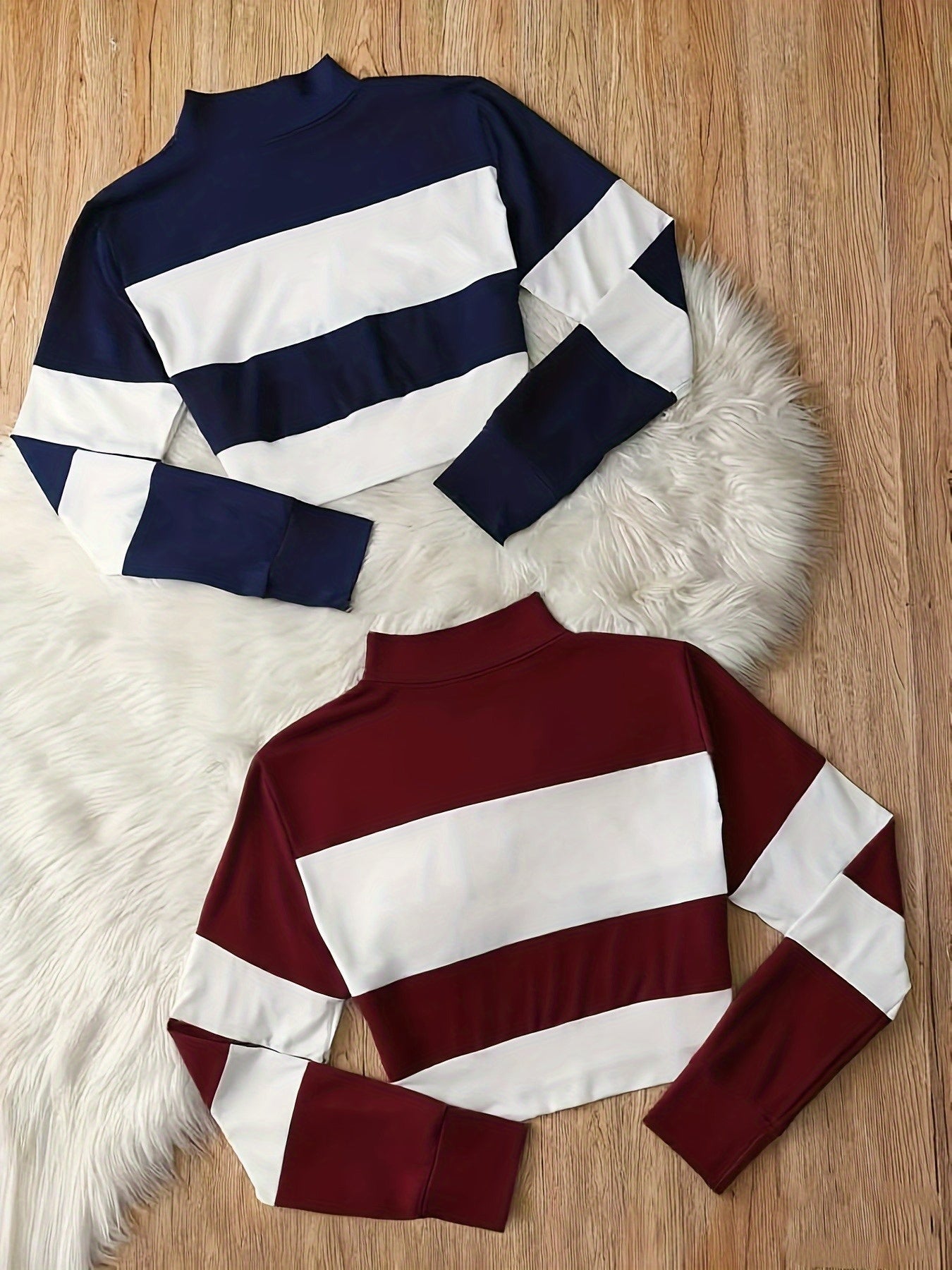 Set Femme 2 Pièces T-Shirt Long Bloc Couleurs et Crop Top Col Montant