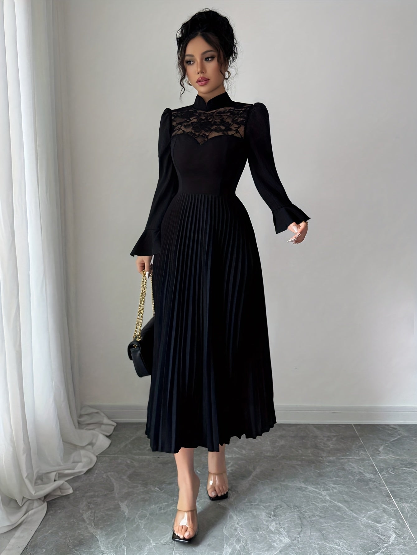 Robe Longue Élégante Femme – Silhouette A-Ligne, Col Montant, Coupe Flatteuse, Idéale Automne/Hiver, Bureau, Soirées et Mariages, Style Sophistiqué et Raffiné