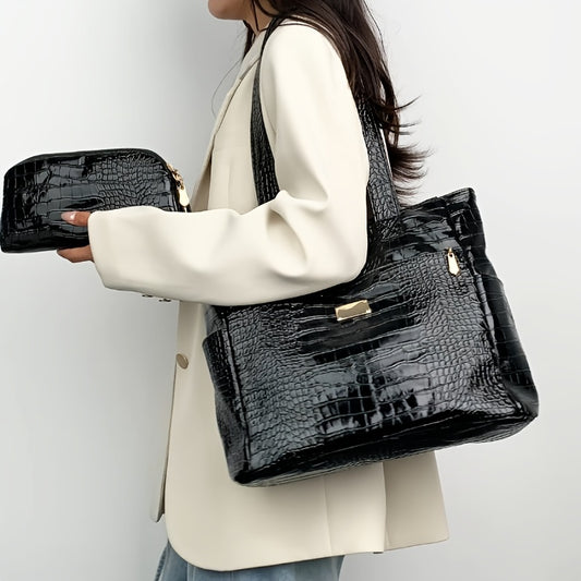 Sac Cabas Femme à la Mode – Grande Capacité, Sac à Épaule avec Porte-Monnaie et Multiples Poches, Fermeture Éclair Sécurisée, Cuir PU Motif Croco, Bandoulière Fixe, Idéal pour Sorties, Shopping, Déplacements et Travail, Plusieurs Couleurs Disponibles