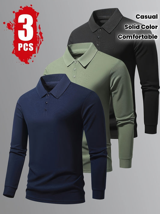 3pcs Men's Long Sleeve Shirts - Casual & Comfortable, Solid Color with Button Detail, Perfect for Fall/Winter