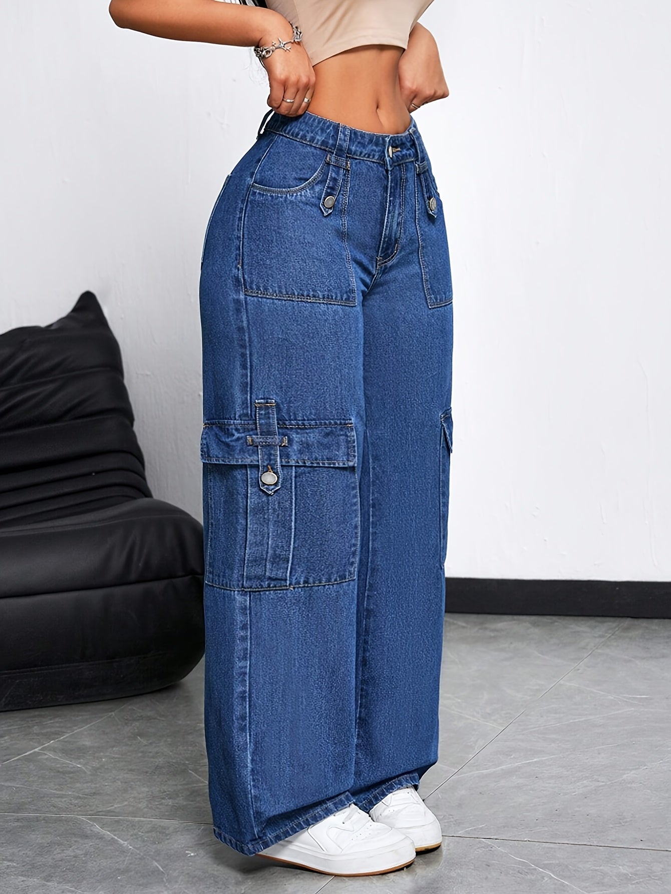 Pantalon Femme Taille Haute Extensible – Jambe Droite avec Multiples Poches