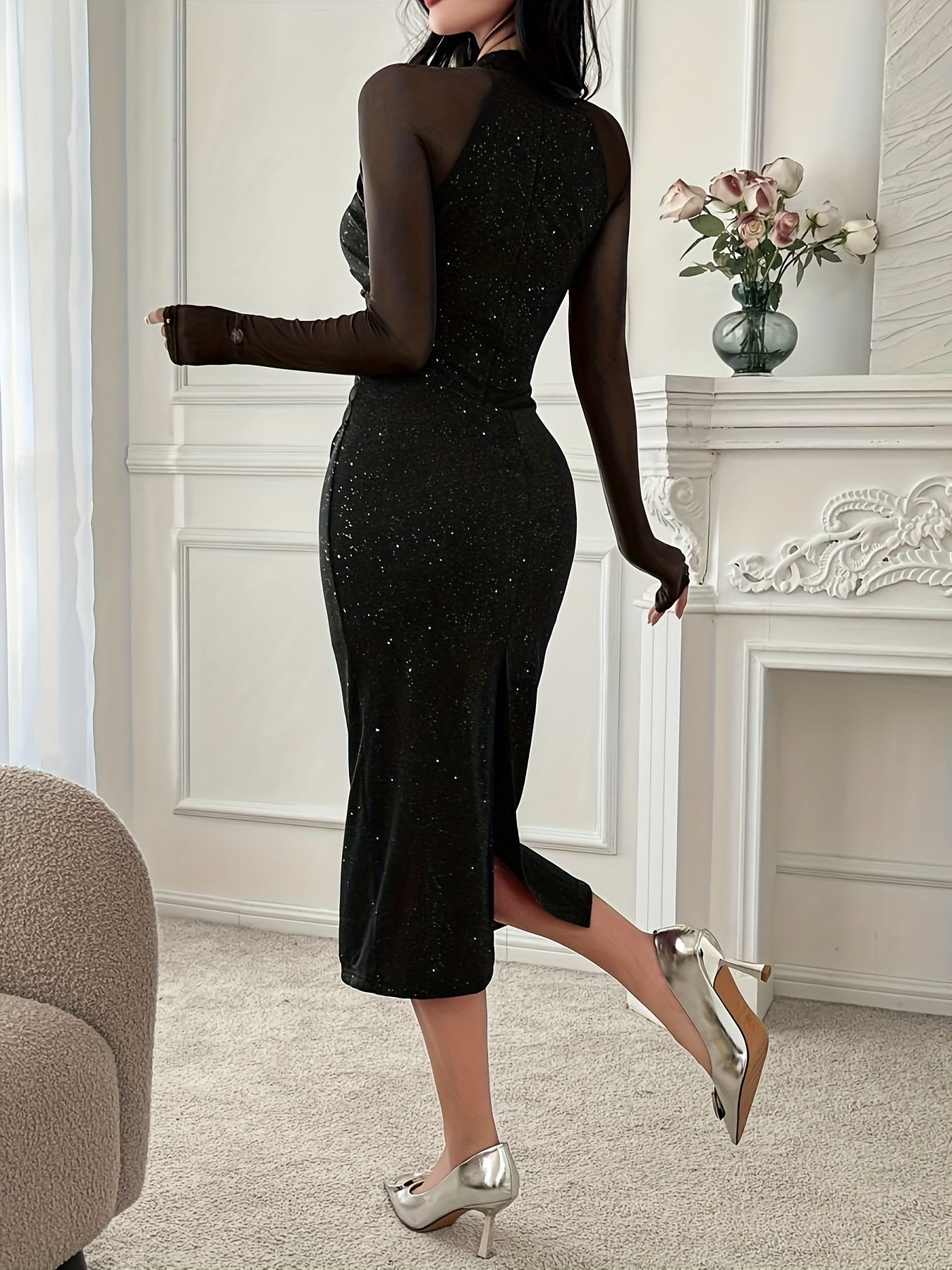 An Elegant Silver-Pressed Long Dress for Women, Perfect for Parties And Date Night Gowns