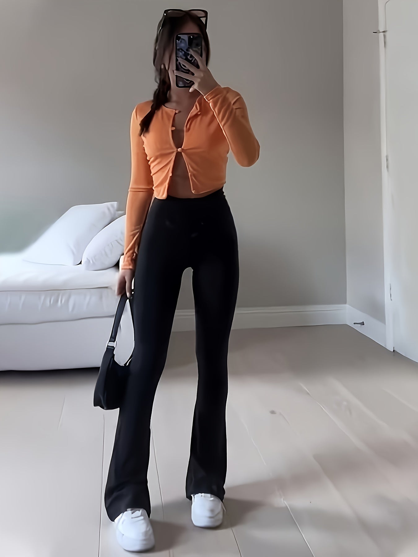 Pantalon Femme Taille Haute Évasé – Legging Extensible avec Contrôle du Ventre, Noir